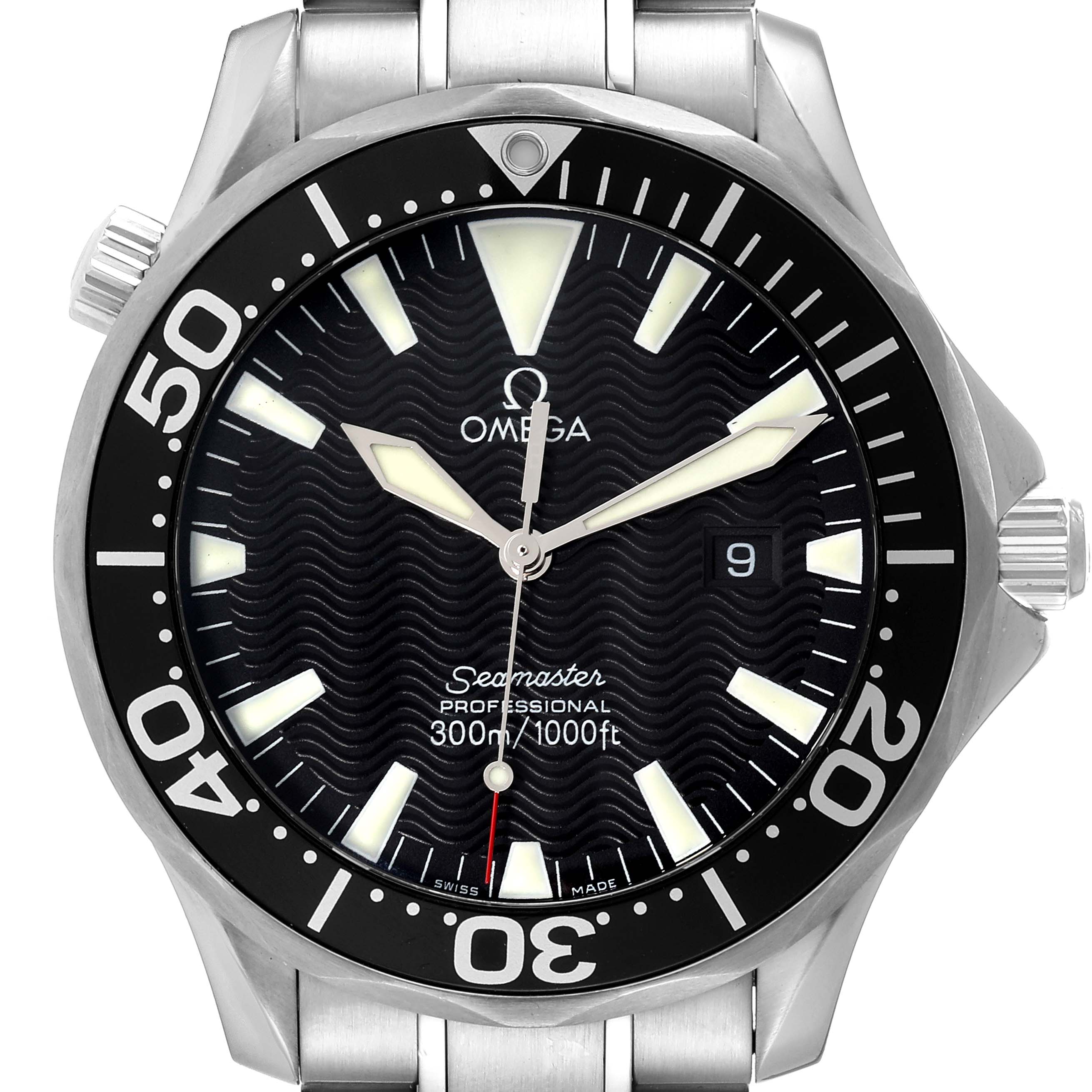 The image shows a front view of an Omega Seamaster 2264.50.00 Men's Stainless Steel Black Dial 2264.50.00 Men's Stainless Steel Black Dial watch, highlighting its black dial, luminescent hands, date window, and bezel.