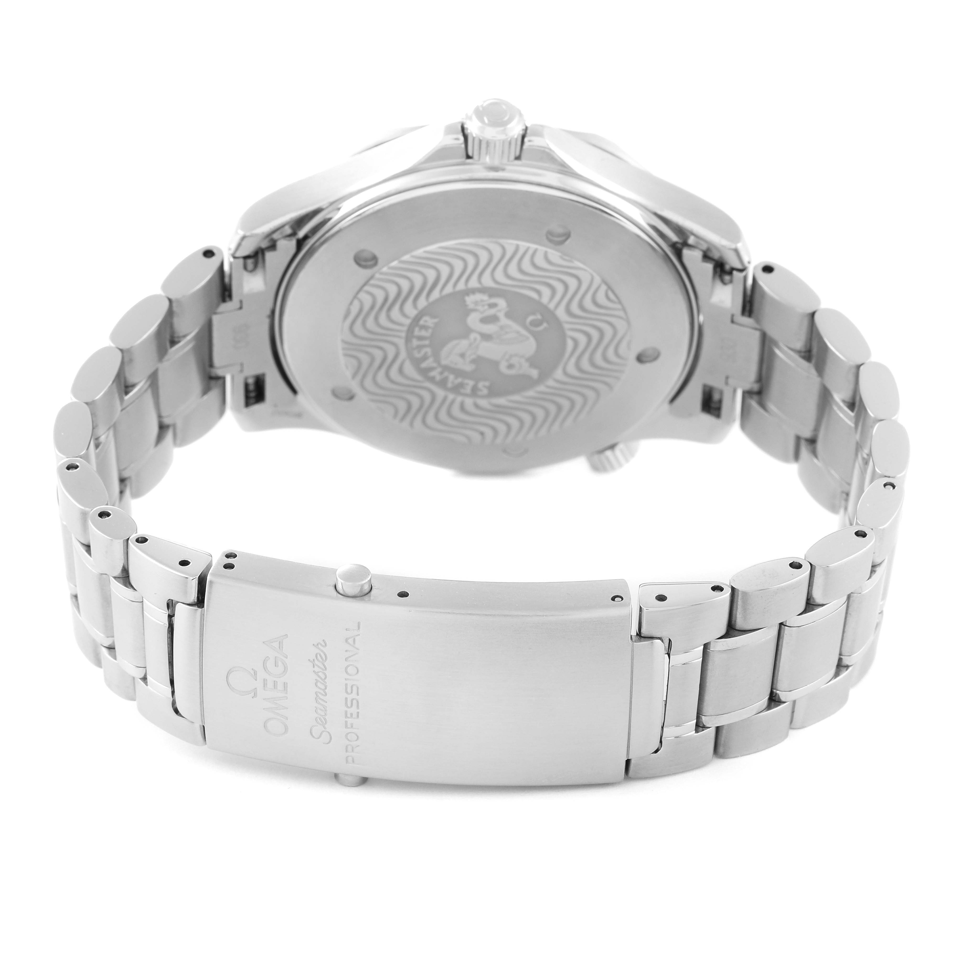 The image shows the back and bracelet clasp of an Omega Seamaster 2264.50.00 Men's Stainless Steel Black Dial 2264.50.00 Men's Stainless Steel Black Dial watch.