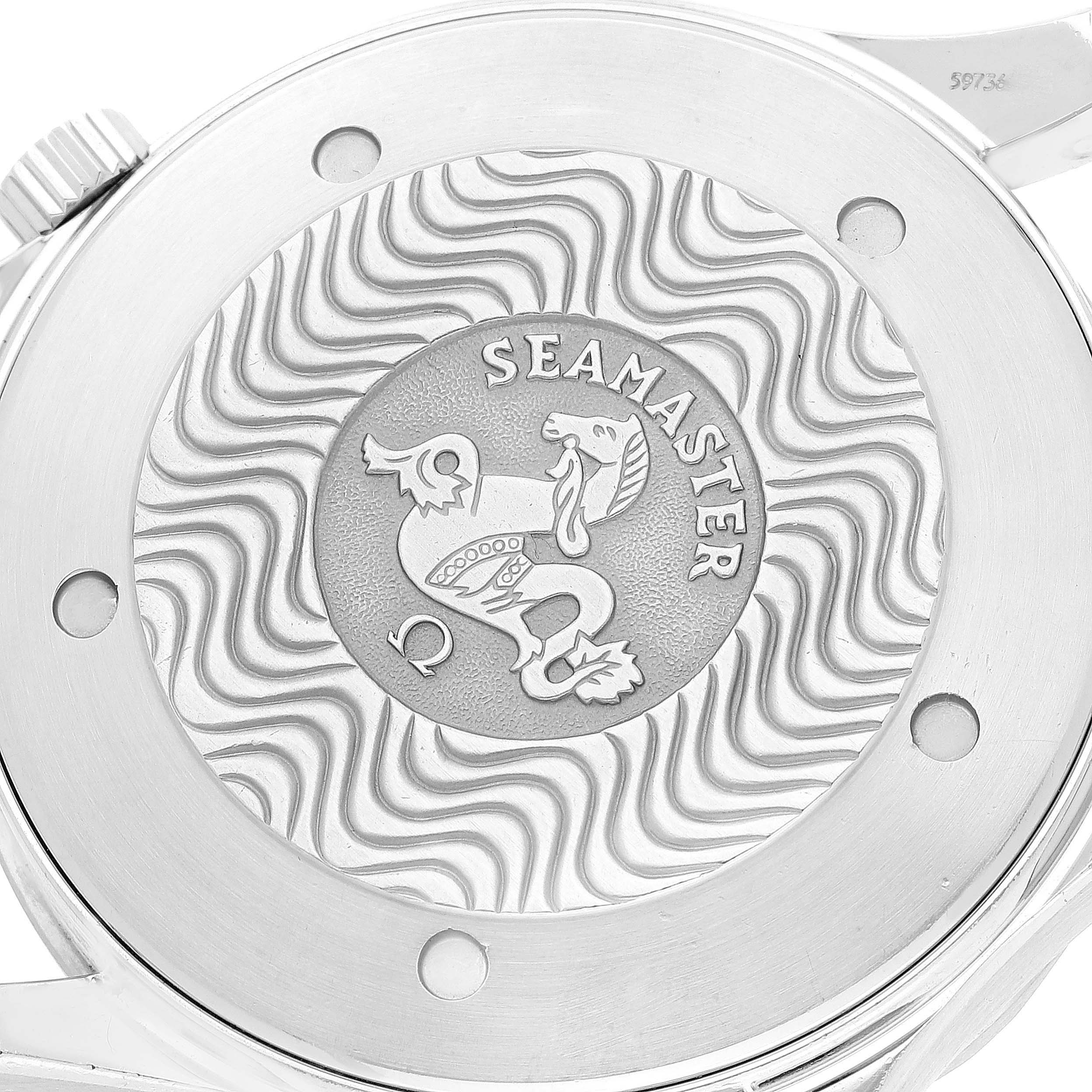 This image shows the engraved case back of an Omega Seamaster 2264.50.00 Men's Stainless Steel Black Dial 2264.50.00 Men's Stainless Steel Black Dial watch, featuring the brand logo and wave pattern.