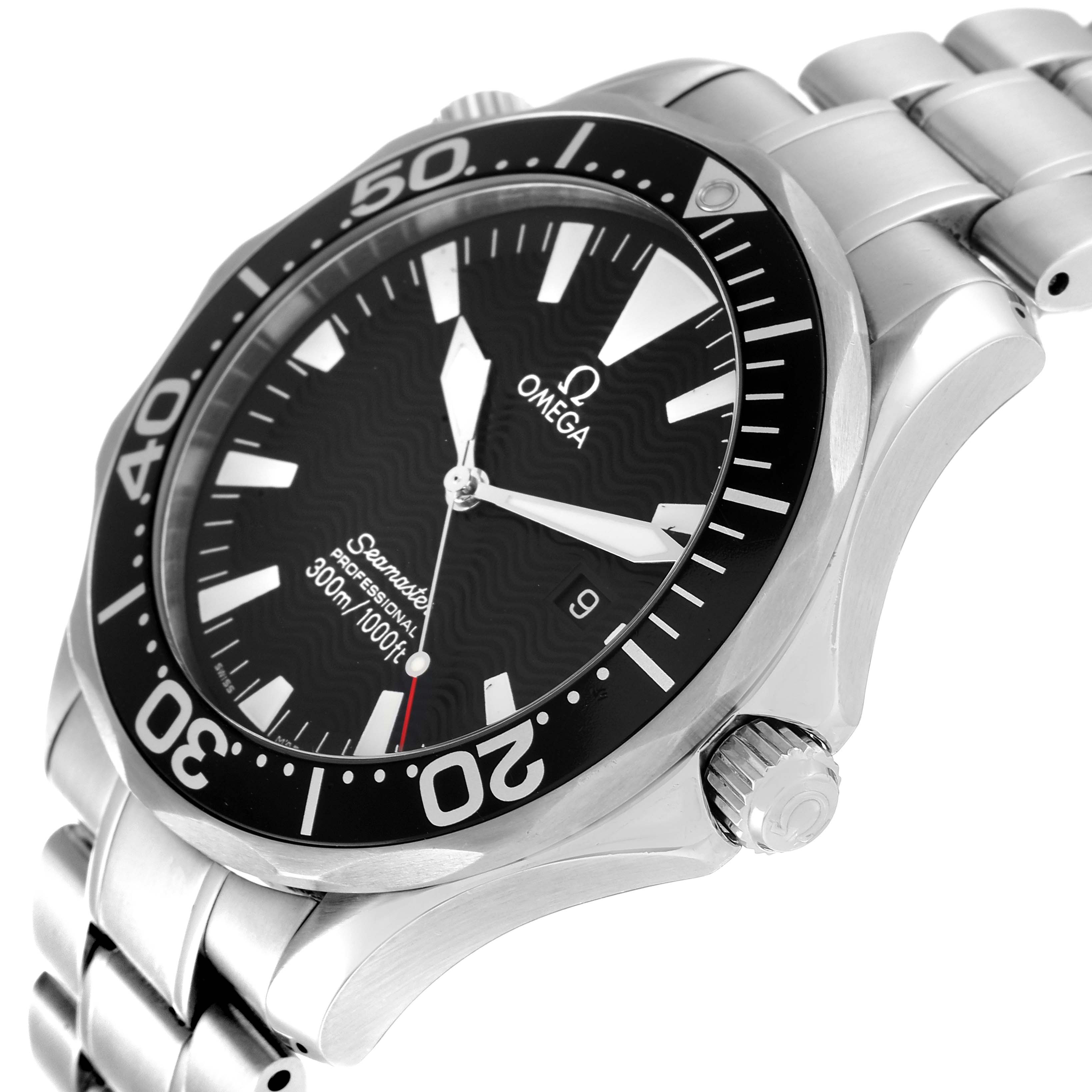 The image shows a close-up side view of an Omega Seamaster 2264.50.00 Men's Stainless Steel Black Dial 2264.50.00 Men's Stainless Steel Black Dial watch displaying the bezel, dial, and part of the bracelet and crown.