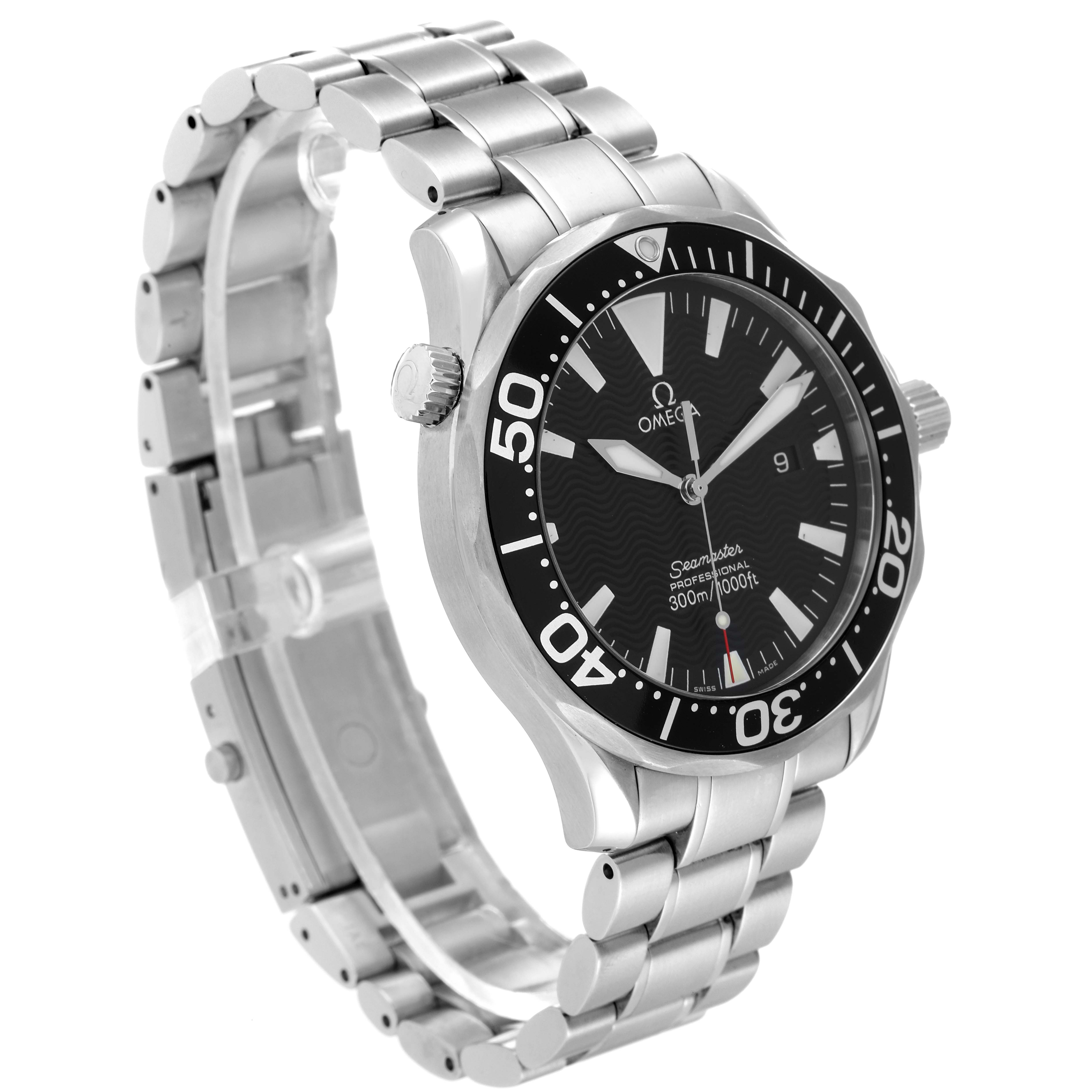 The image shows an angled view of an Omega Seamaster 2264.50.00 Men's Stainless Steel Black Dial 2264.50.00 Men's Stainless Steel Black Dial watch, displaying its dial, bezel, crown, and stainless steel bracelet.