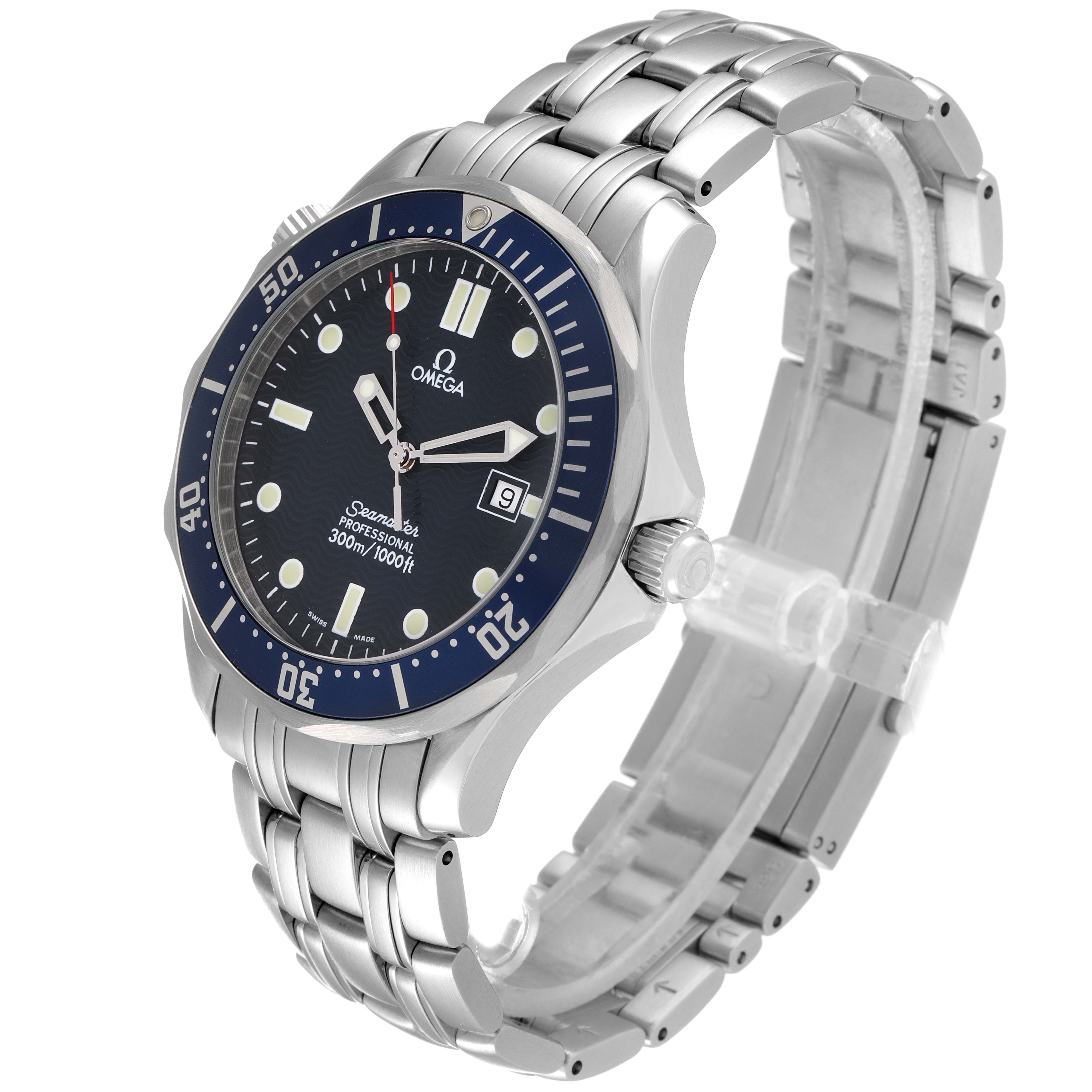 This image shows an angled view of the Omega Seamaster 2541.80.00 Men's Stainless Steel Blue Dial 2541.80.00 Men's Stainless Steel Blue Dial watch, highlighting its face, bezel, crown, and stainless steel bracelet.