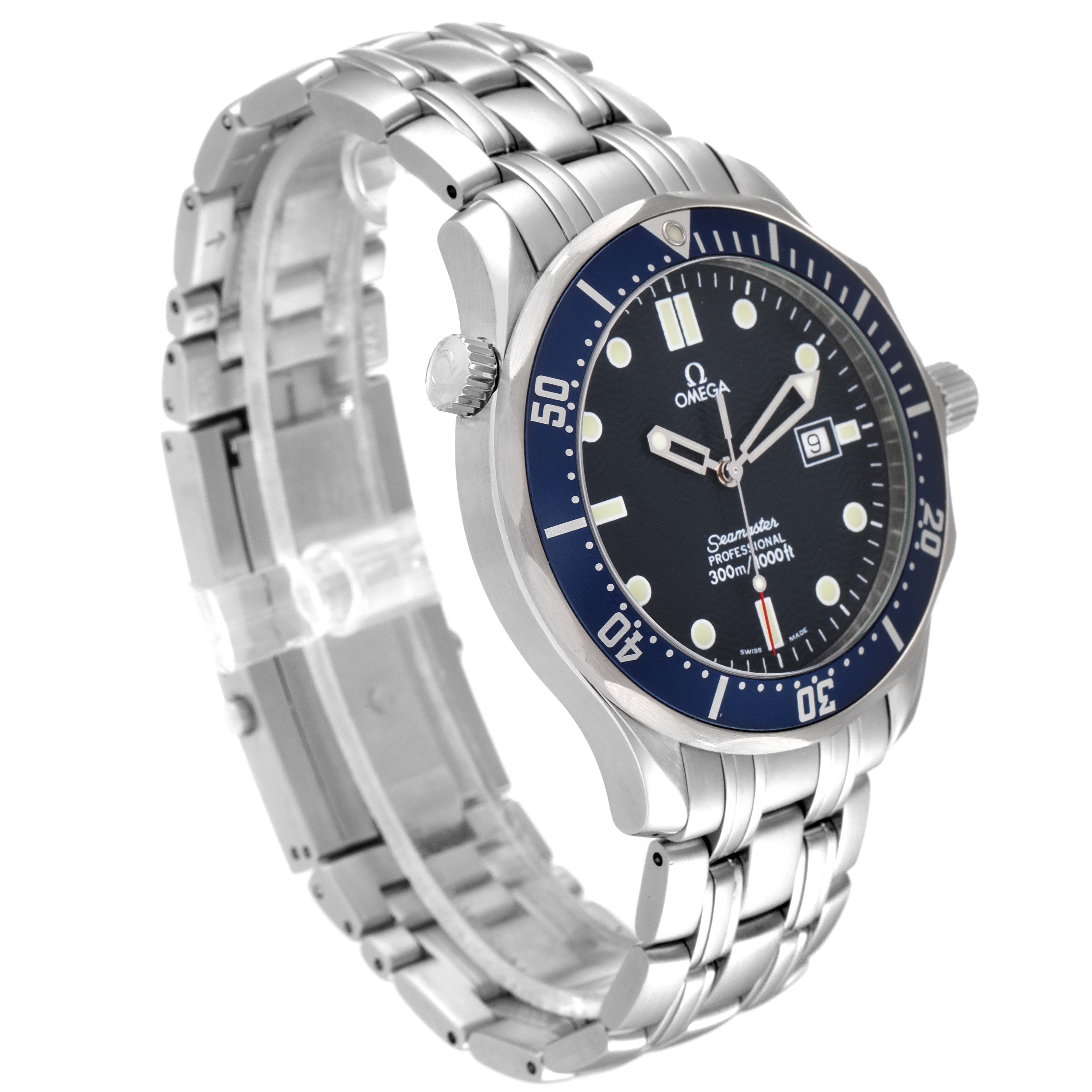 The image shows a side angle view of the Omega Seamaster 2541.80.00 Men's Stainless Steel Blue Dial 2541.80.00 Men's Stainless Steel Blue Dial, focusing on the watch face, bezel, and bracelet.