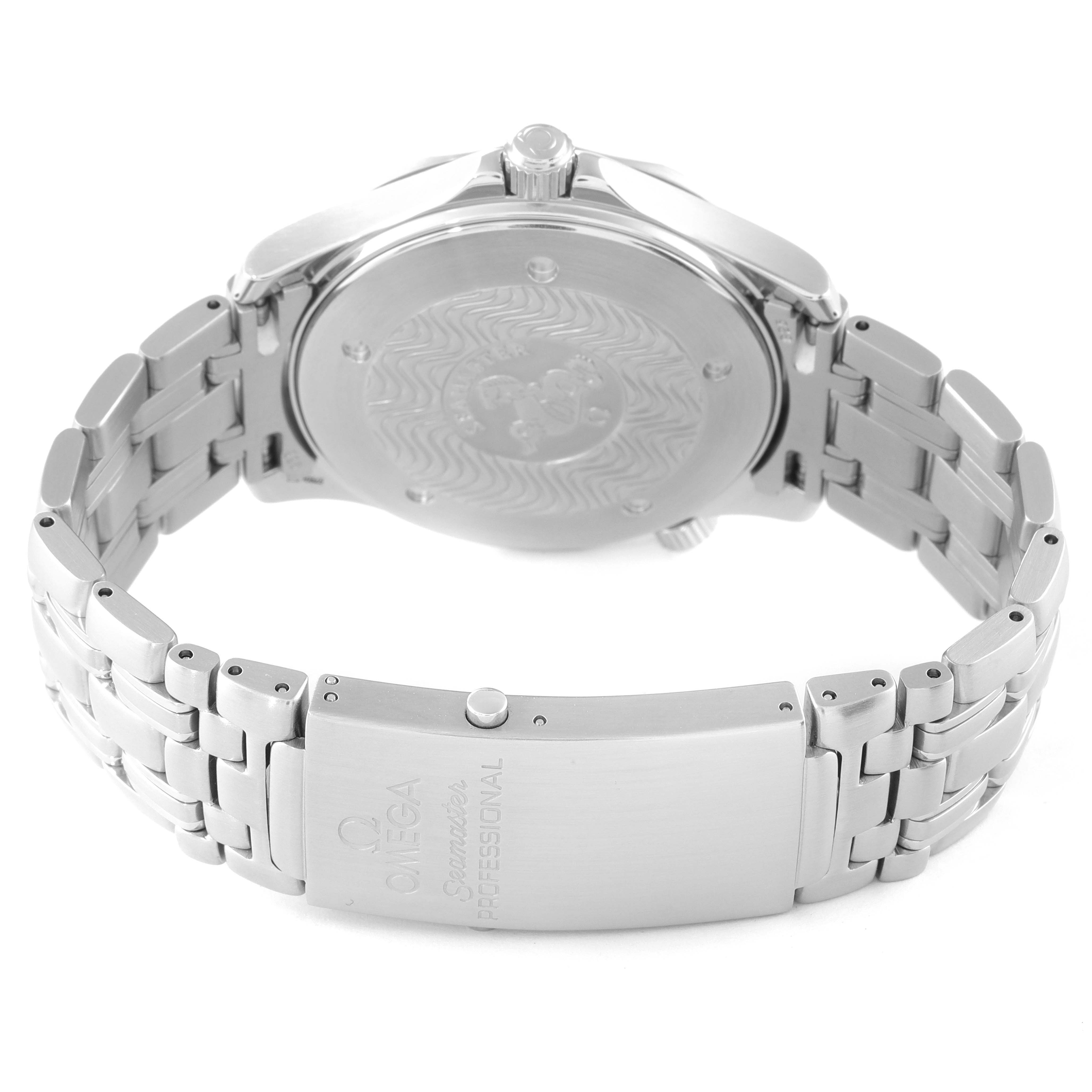 The image shows the back case and bracelet of an Omega Seamaster 2541.80.00 Men's Stainless Steel Blue Dial 2541.80.00 Men's Stainless Steel Blue Dial watch, highlighting the engraved case back and branded clasp.