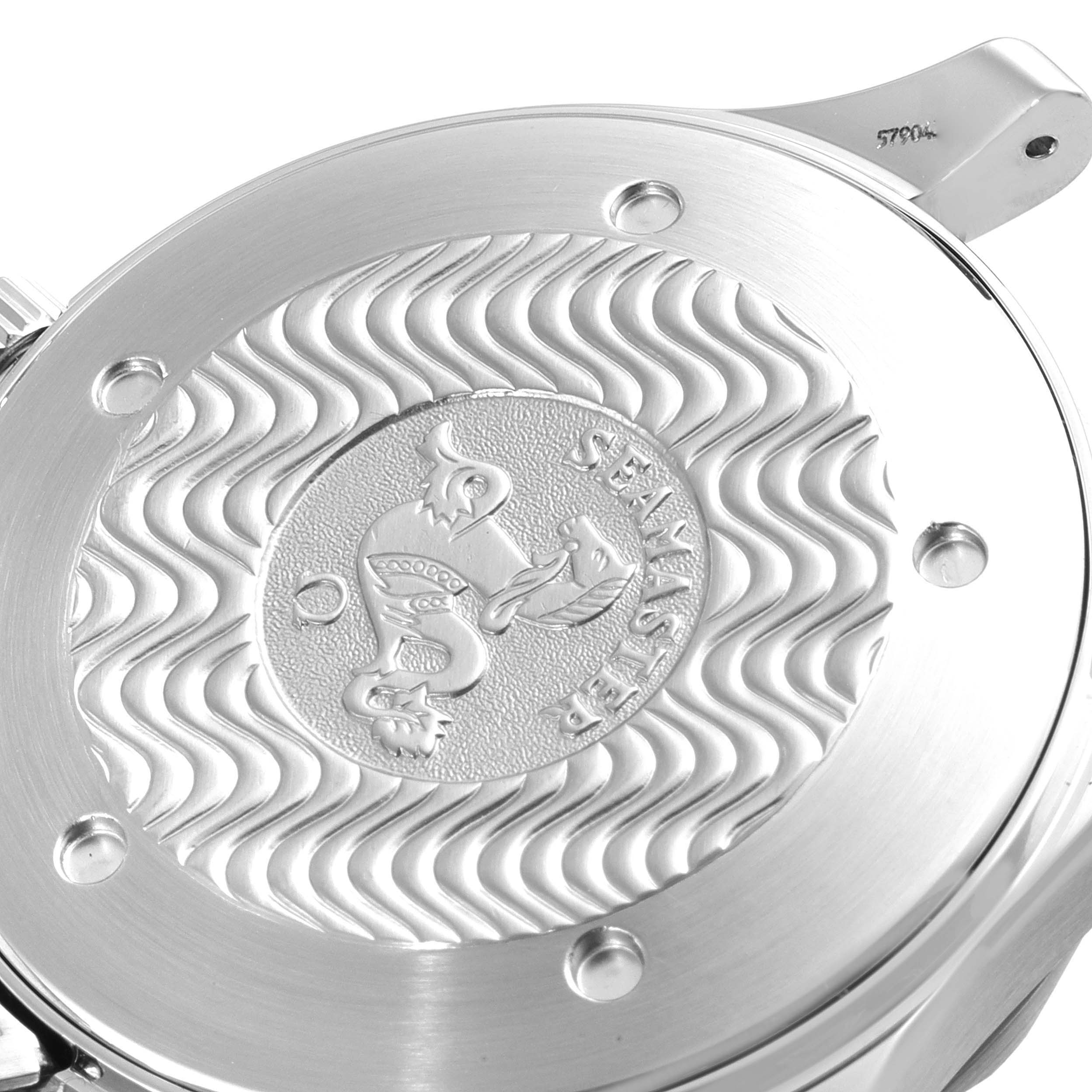 This image shows a close-up of the back case of an Omega Seamaster 2541.80.00 Men's Stainless Steel Blue Dial 2541.80.00 Men's Stainless Steel Blue Dial watch.