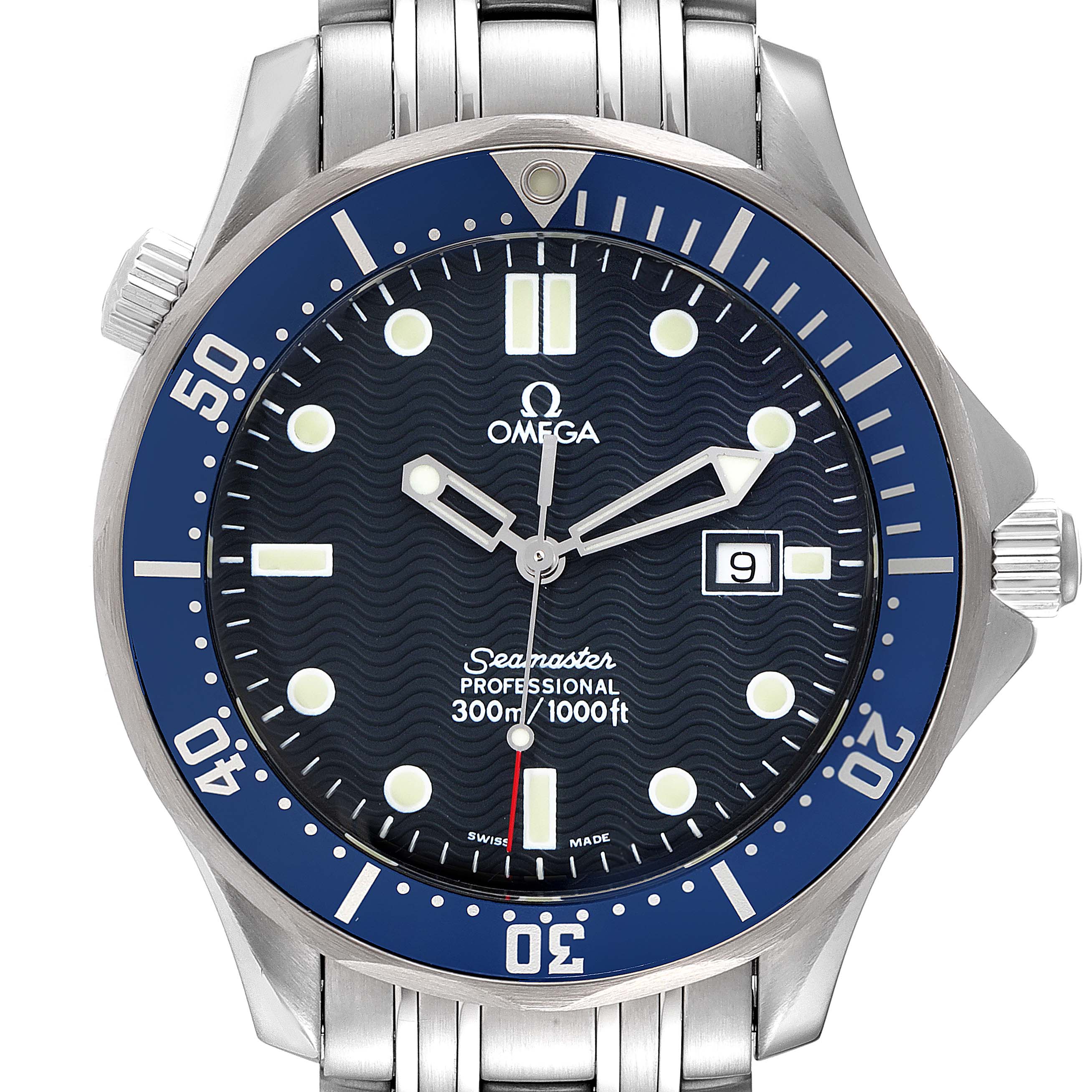 This image shows a front-facing view of the Omega Seamaster 2541.80.00 Men's Stainless Steel Blue Dial 2541.80.00 Men's Stainless Steel Blue Dial Professional watch, displaying the dial, bezel, and part of the bracelet.