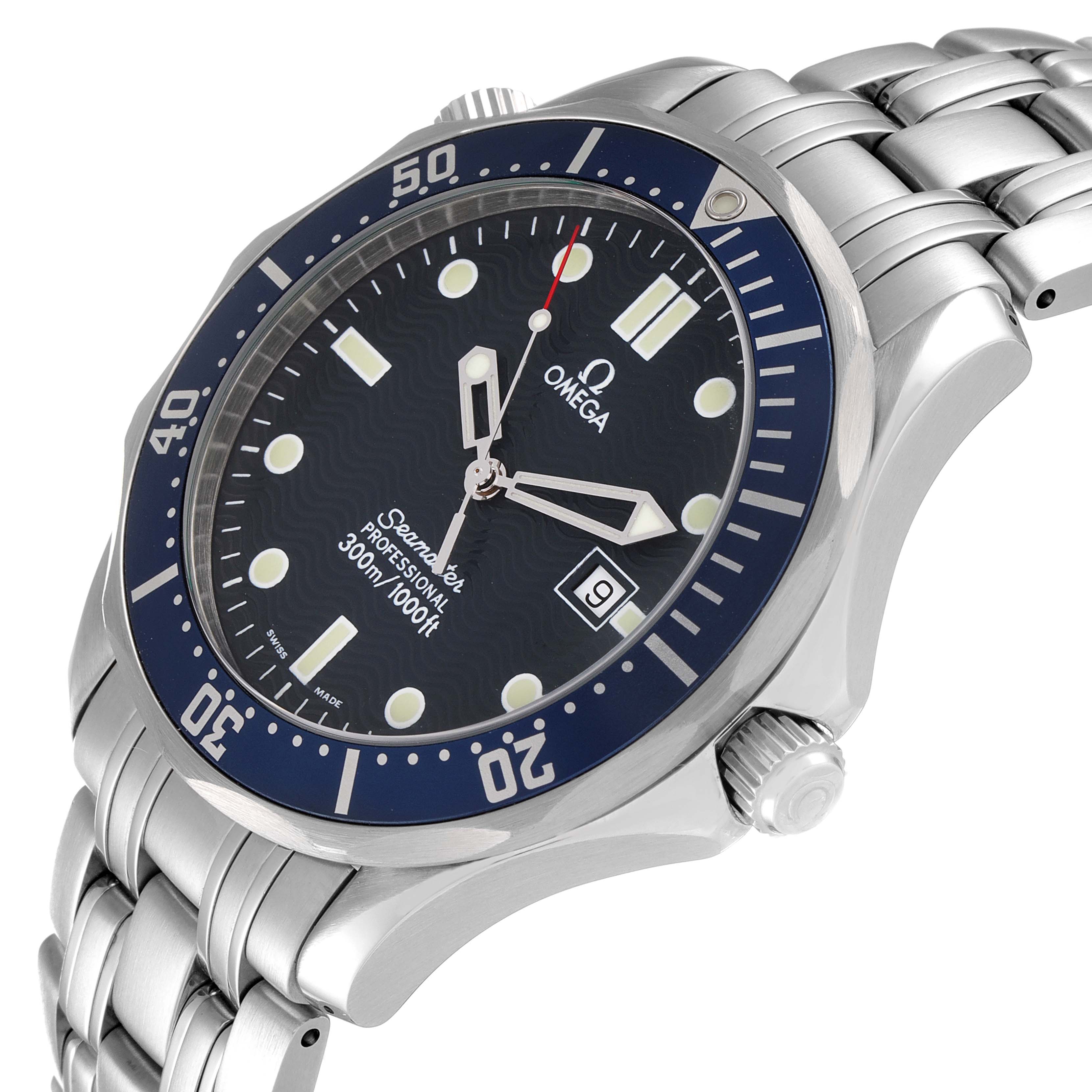 The image shows an angled view of the Omega Seamaster 2541.80.00 Men's Stainless Steel Blue Dial 2541.80.00 Men's Stainless Steel Blue Dial watch, highlighting its face, bezel, crown, and part of the bracelet.