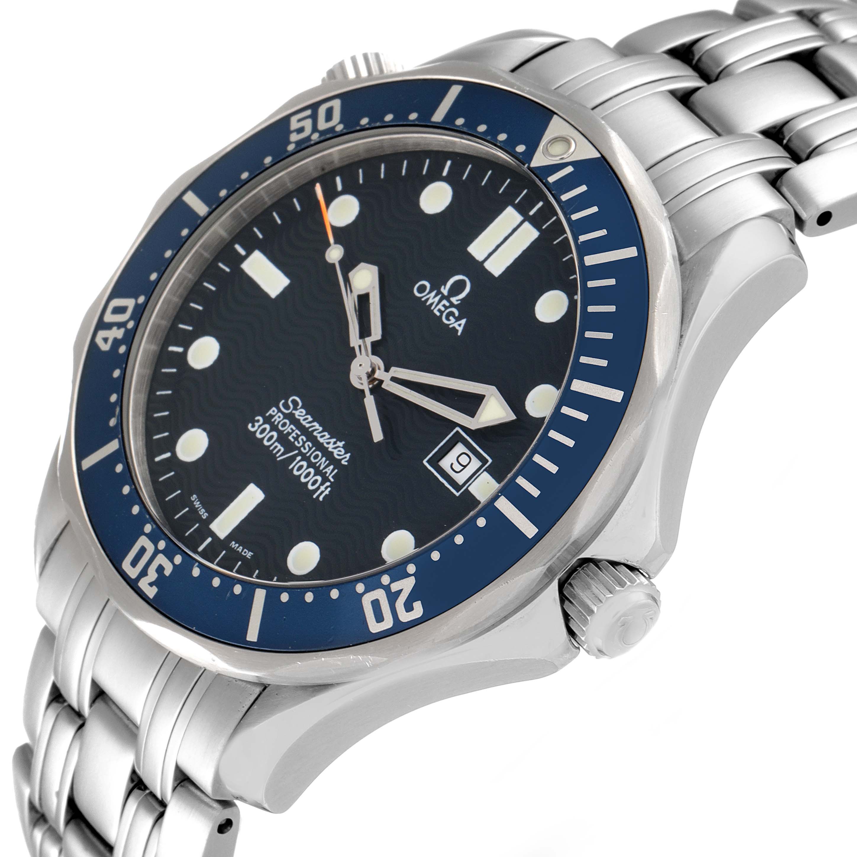 The Omega Seamaster 2541.80.00 Men's Stainless Steel Blue Dial 2541.80.00 Men's Stainless Steel Blue Dial watch is shown at an angle displaying the face, bezel, crown, and partial bracelet.