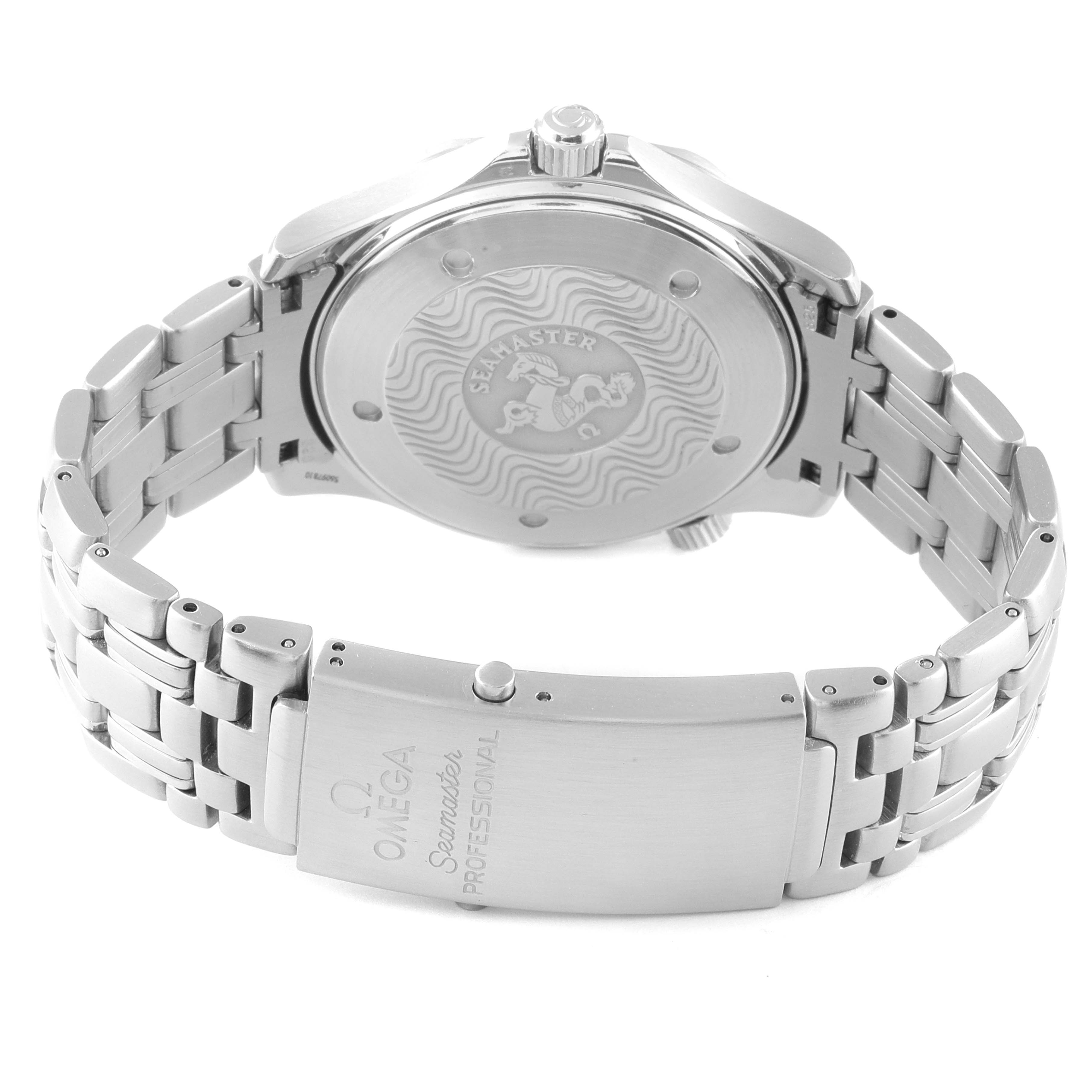 The image shows the back case and clasp of an Omega Seamaster 2541.80.00 Men's Stainless Steel Blue Dial 2541.80.00 Men's Stainless Steel Blue Dial watch, displaying the logo, wave pattern, and bracelet.