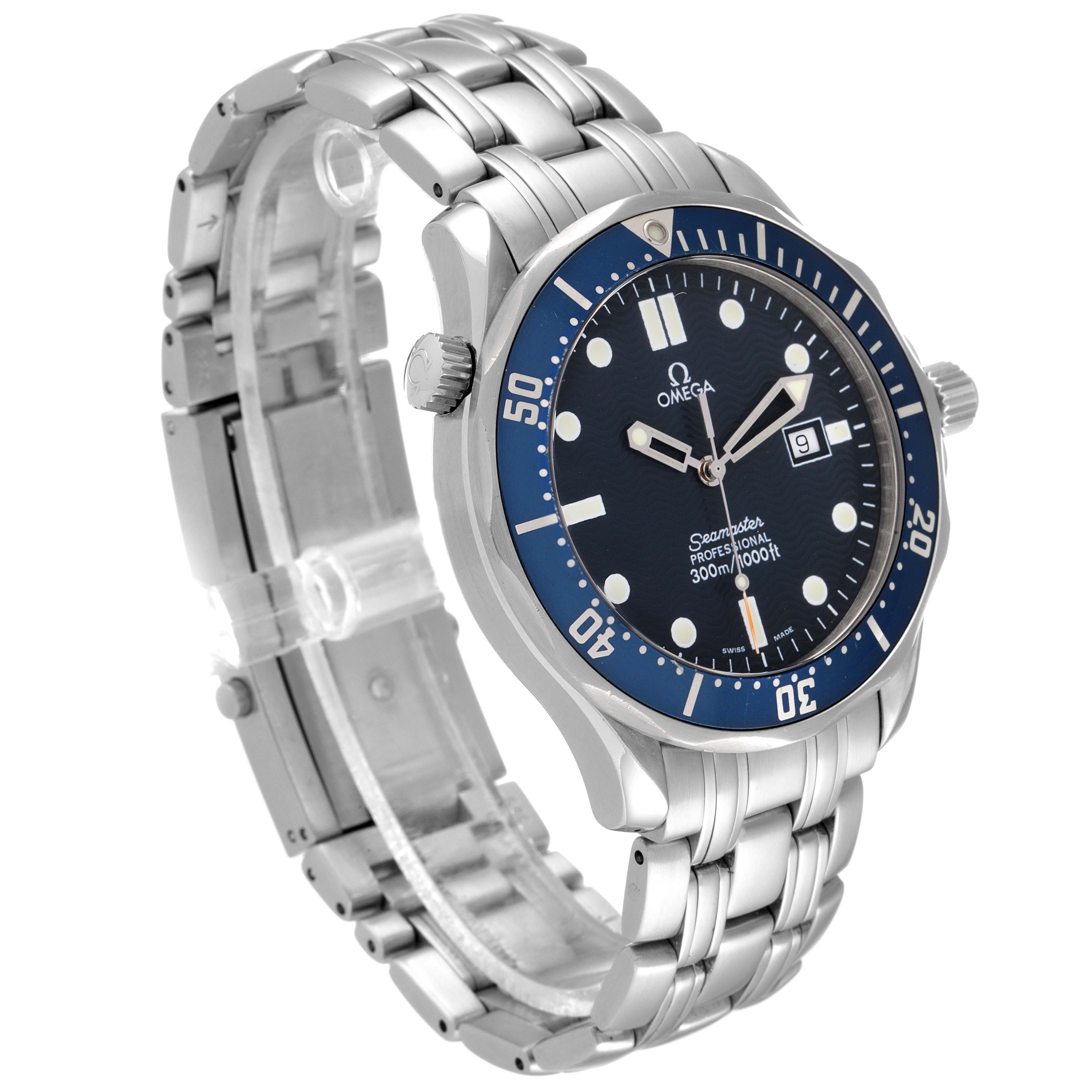 The Omega Seamaster 2541.80.00 Men's Stainless Steel Blue Dial 2541.80.00 Men's Stainless Steel Blue Dial watch is shown at a slight angle, displaying its blue dial, bezel, stainless steel bracelet, and crown.