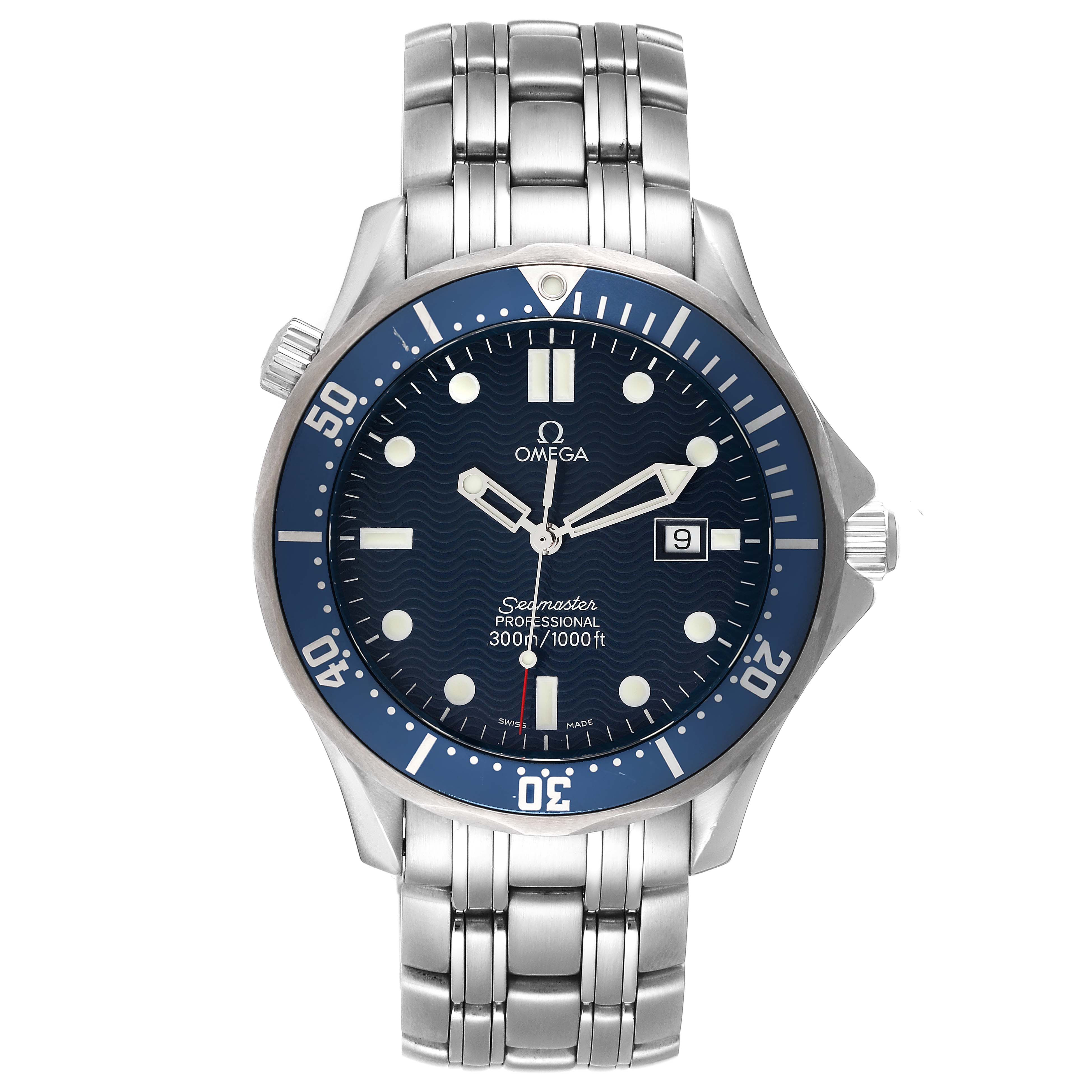 The Omega Seamaster 2541.80.00 Men's Stainless Steel Blue Dial 2541.80.00 Men's Stainless Steel Blue Dial watch is shown from the front angle, displaying the dial, bezel, and metal bracelet.