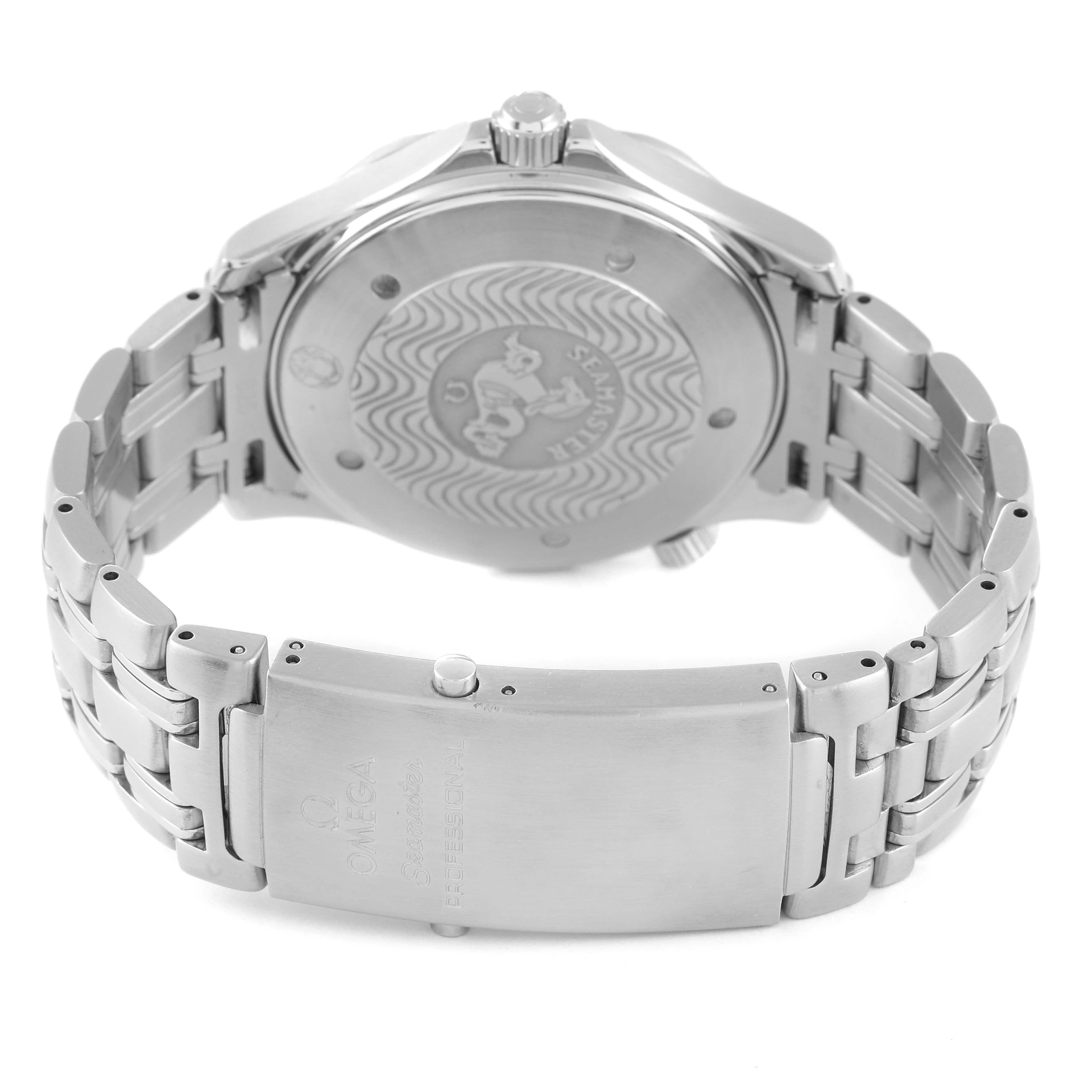 The image shows the back case and bracelet clasp of an Omega Seamaster 2541.80.00 Men's Stainless Steel Blue Dial 2541.80.00 Men's Stainless Steel Blue Dial watch.