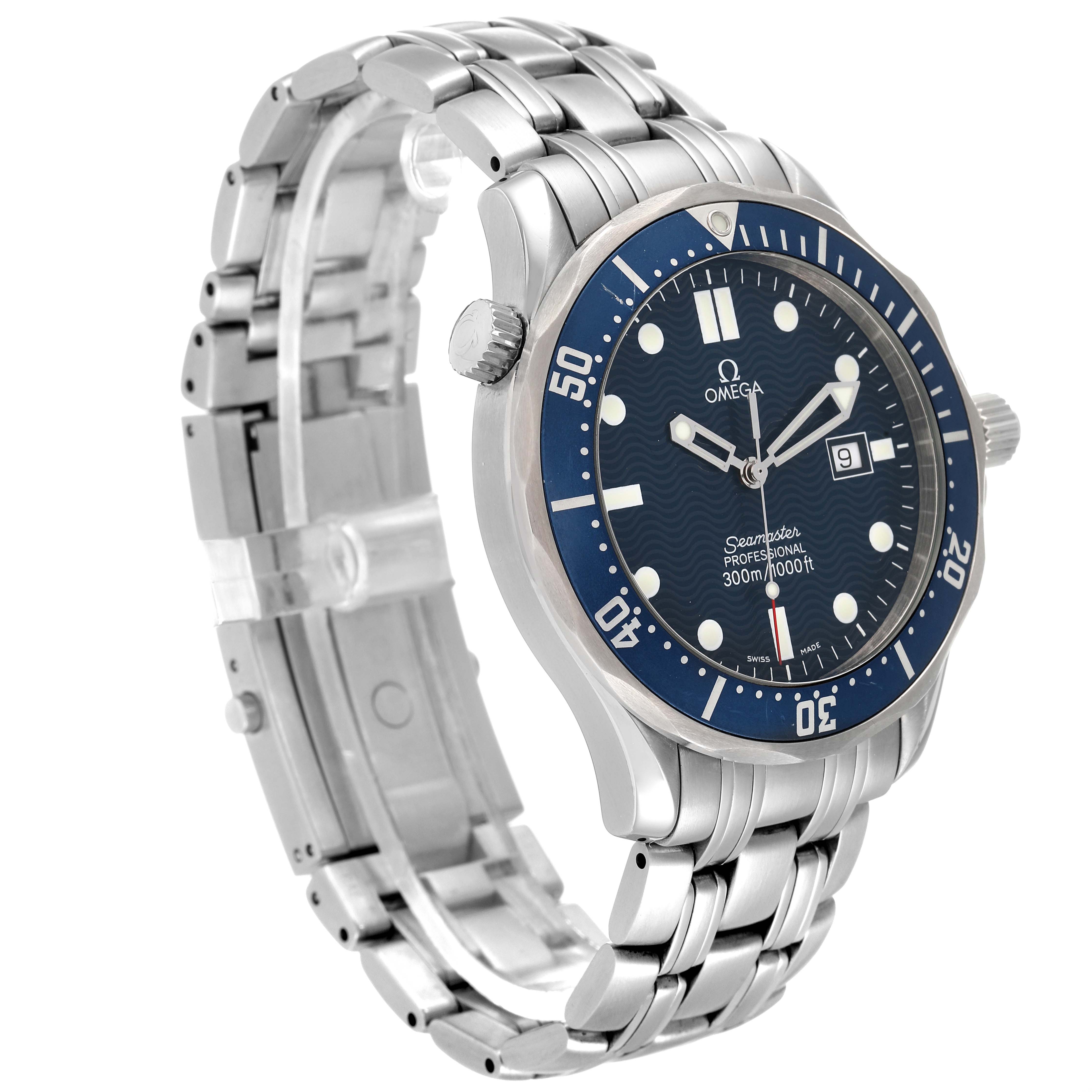 The image shows an angled view of the Omega Seamaster 2541.80.00 Men's Stainless Steel Blue Dial 2541.80.00 Men's Stainless Steel Blue Dial watch, highlighting the face, bezel, crown, and metal bracelet.