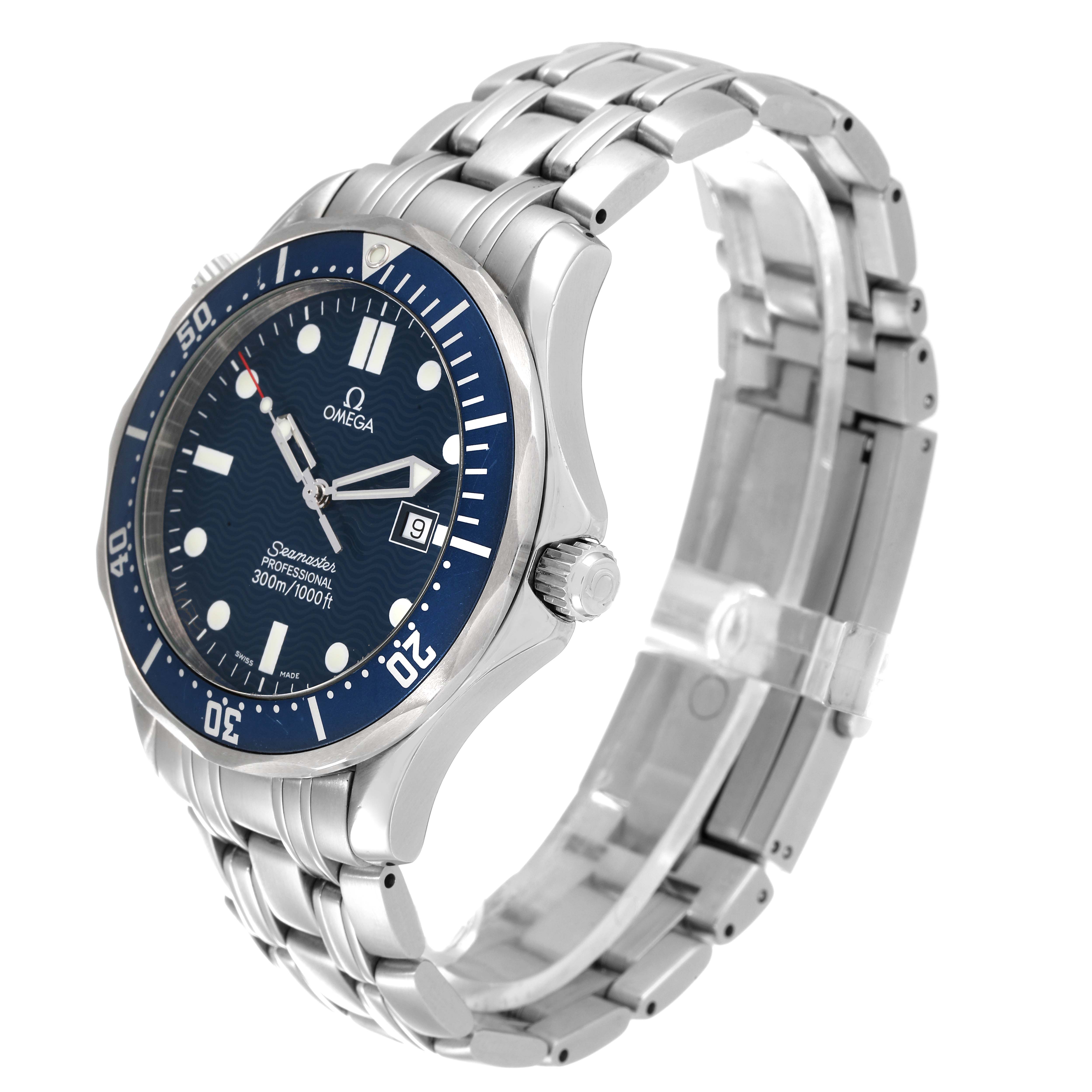 The image shows an Omega Seamaster 2541.80.00 Men's Stainless Steel Blue Dial 2541.80.00 Men's Stainless Steel Blue Dial watch at a slight angle, featuring the dial, bezel, and stainless steel bracelet.