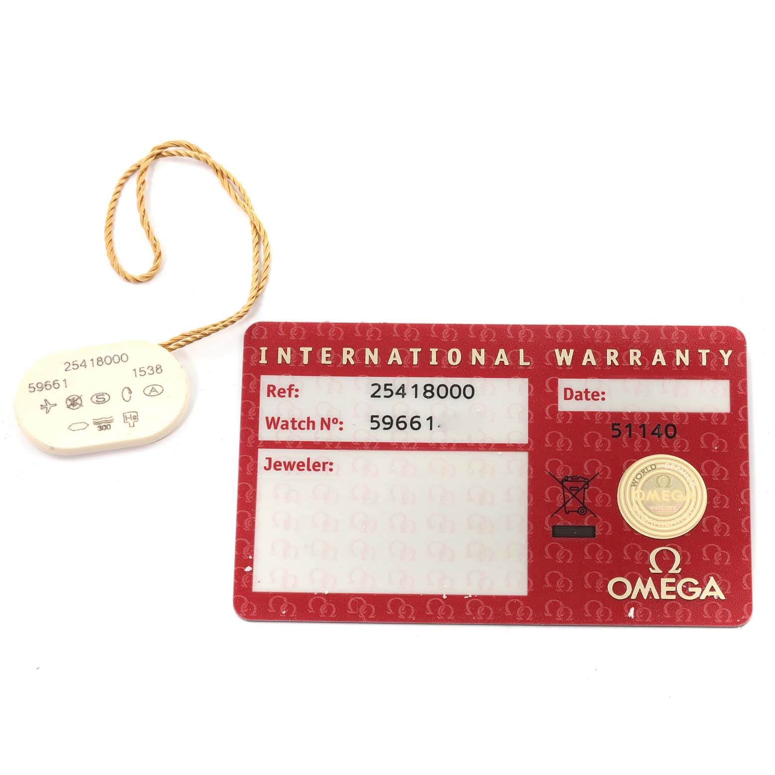 The image shows an Omega Seamaster 2541.80.00 Men's Stainless Steel Blue Dial 2541.80.00 Men's Stainless Steel Blue Dial model's international warranty card and a tag with a reference number and other details.