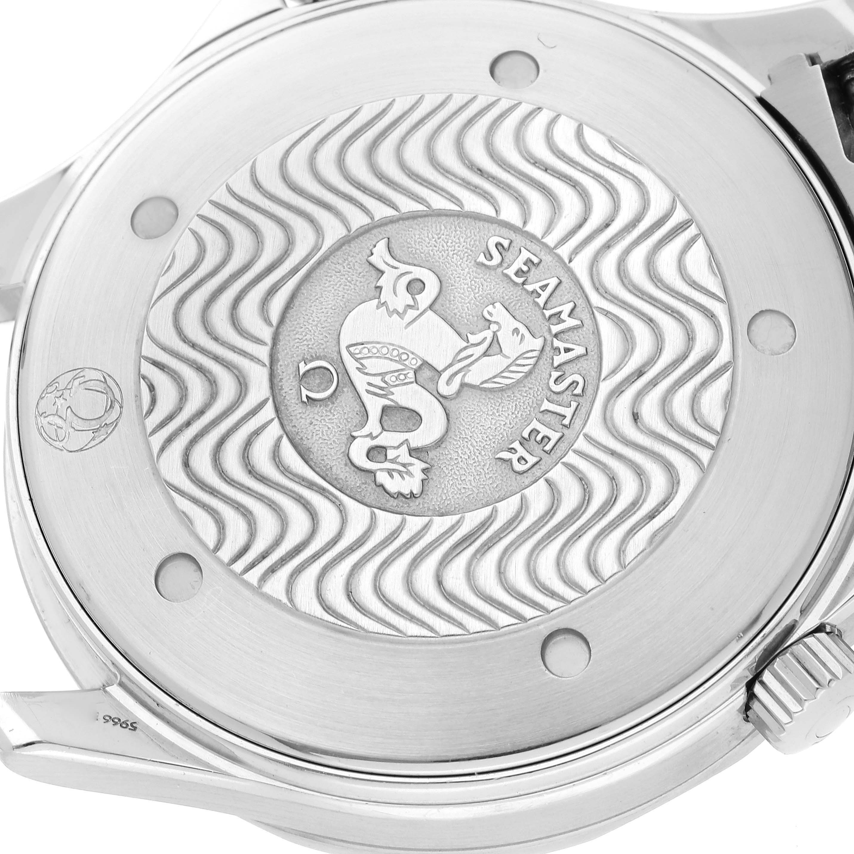 The image shows the back case of an Omega Seamaster 2541.80.00 Men's Stainless Steel Blue Dial 2541.80.00 Men's Stainless Steel Blue Dial watch, highlighting its intricate engravings and logo.