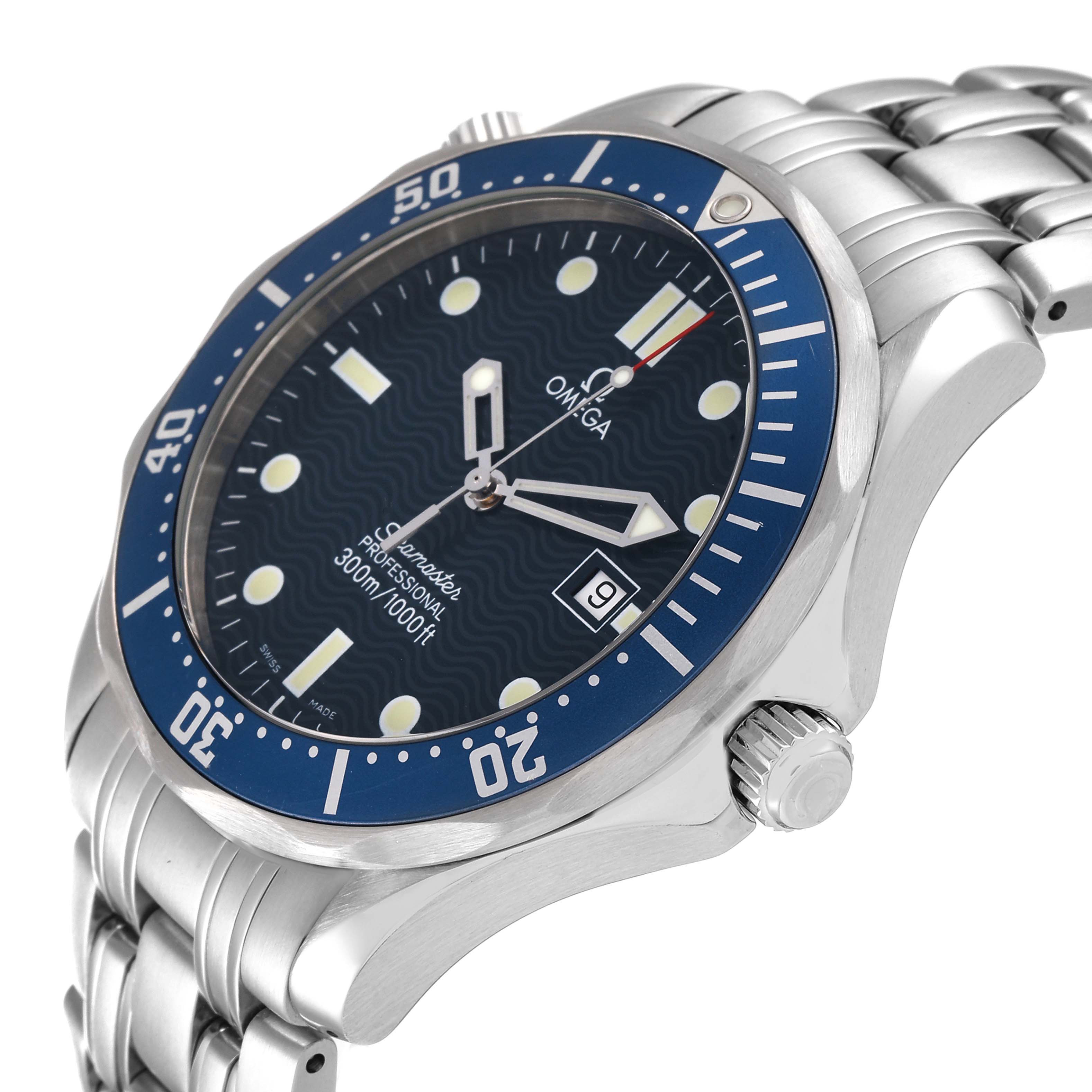 The Omega Seamaster 2541.80.00 Men's Stainless Steel Blue Dial 2541.80.00 Men's Stainless Steel Blue Dial watch is shown at an angle displaying the face, bezel, crown, and part of the bracelet.