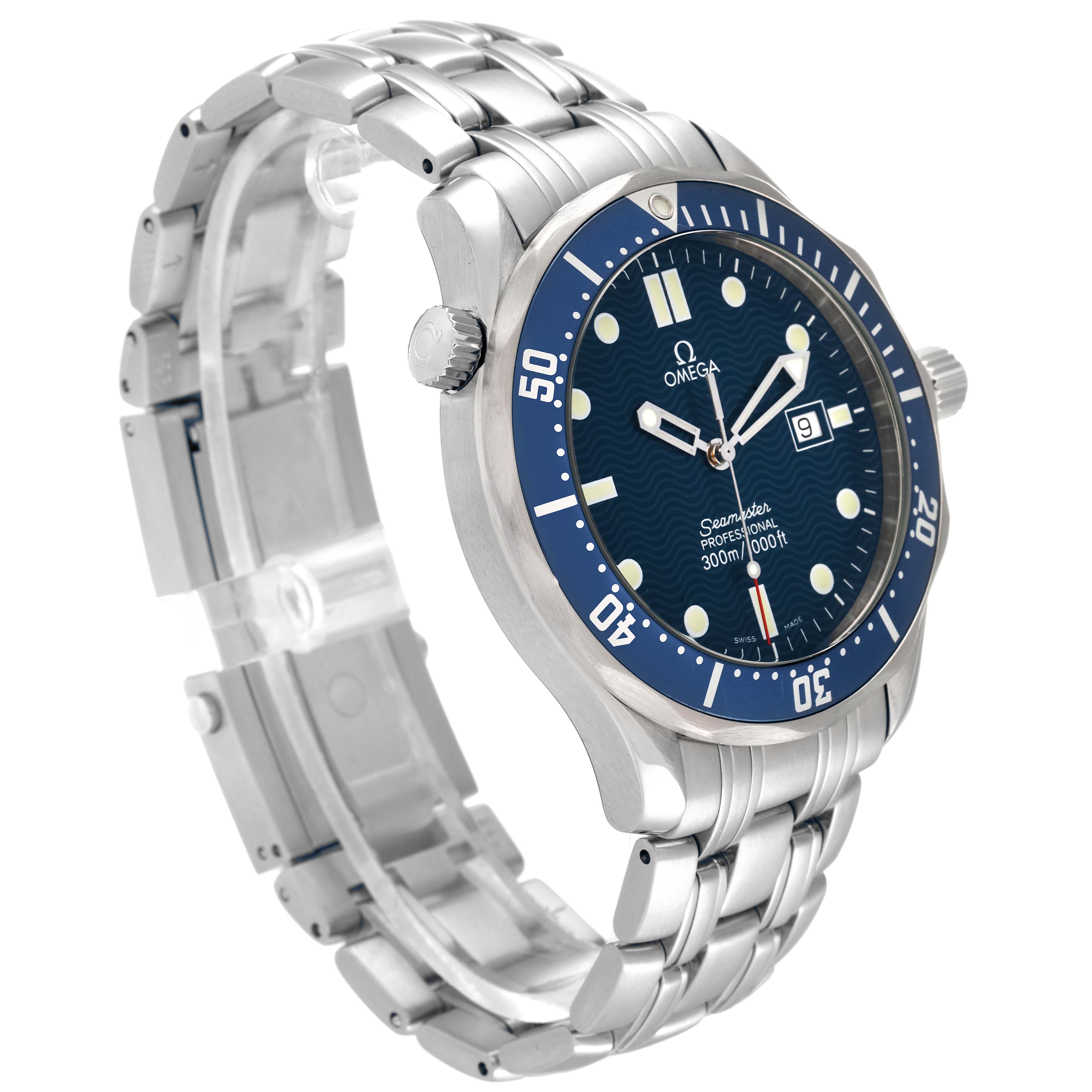 This image shows the Omega Seamaster 2541.80.00 Men's Stainless Steel Blue Dial 2541.80.00 Men's Stainless Steel Blue Dial watch at a slight angled side view, highlighting its blue dial, bezel, and stainless steel bracelet.