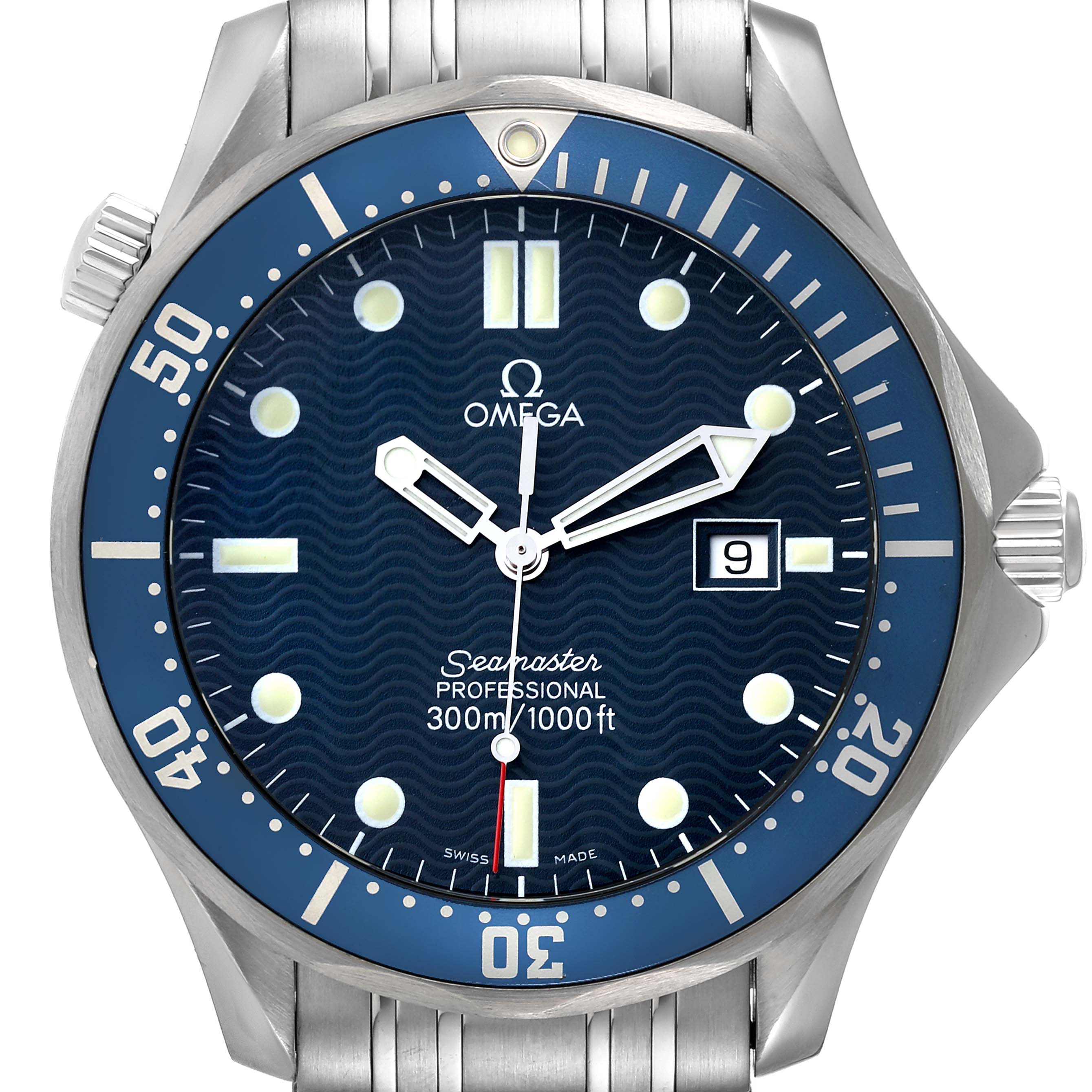 The image shows a frontal view of an Omega Seamaster 2541.80.00 Men's Stainless Steel Blue Dial 2541.80.00 Men's Stainless Steel Blue Dial watch, highlighting the dial, bezel, and part of the bracelet.