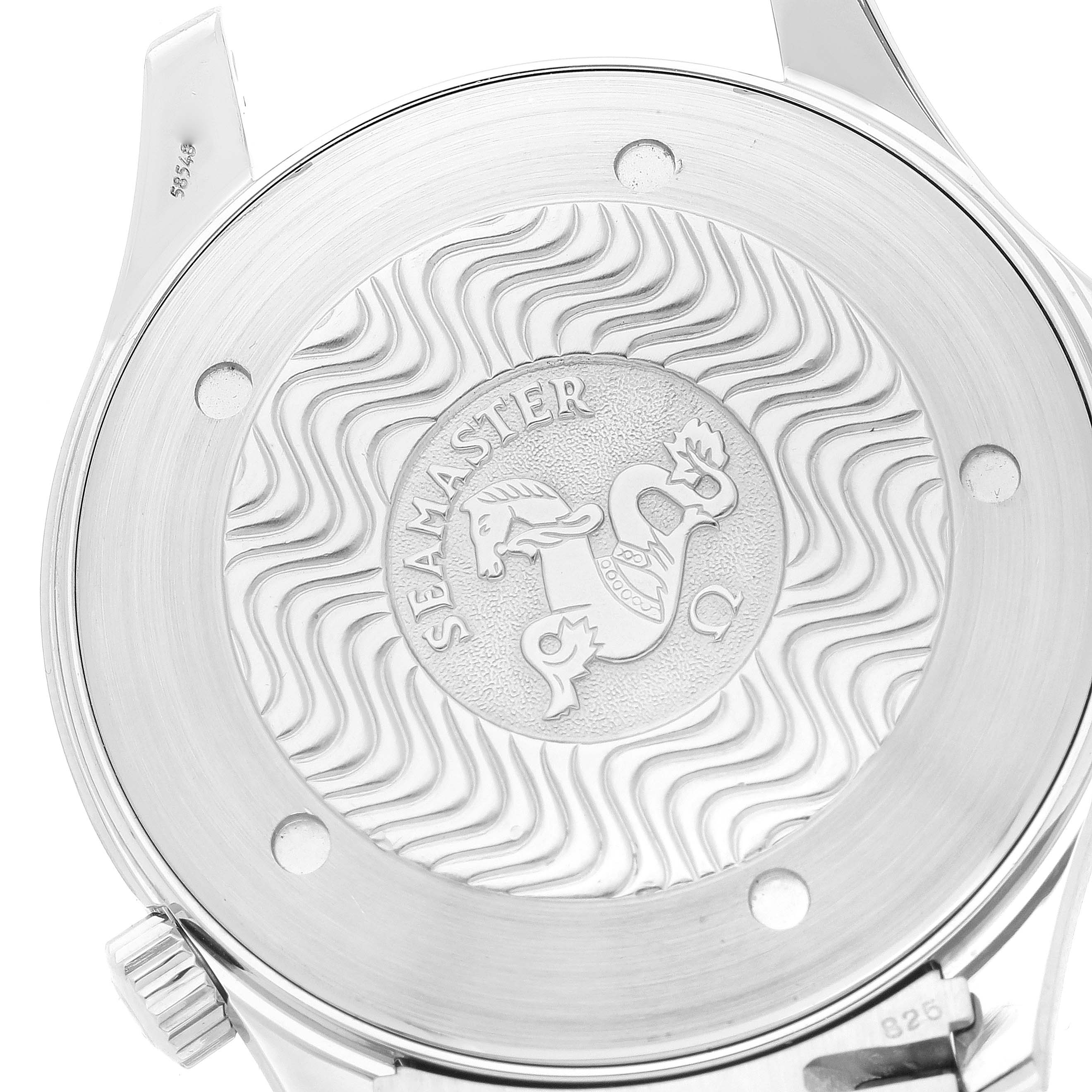 The image shows the case back of the Omega Seamaster 2541.80.00 Men's Stainless Steel Blue Dial 2541.80.00 Men's Stainless Steel Blue Dial watch, featuring the Seamaster logo engraved with wave patterns.