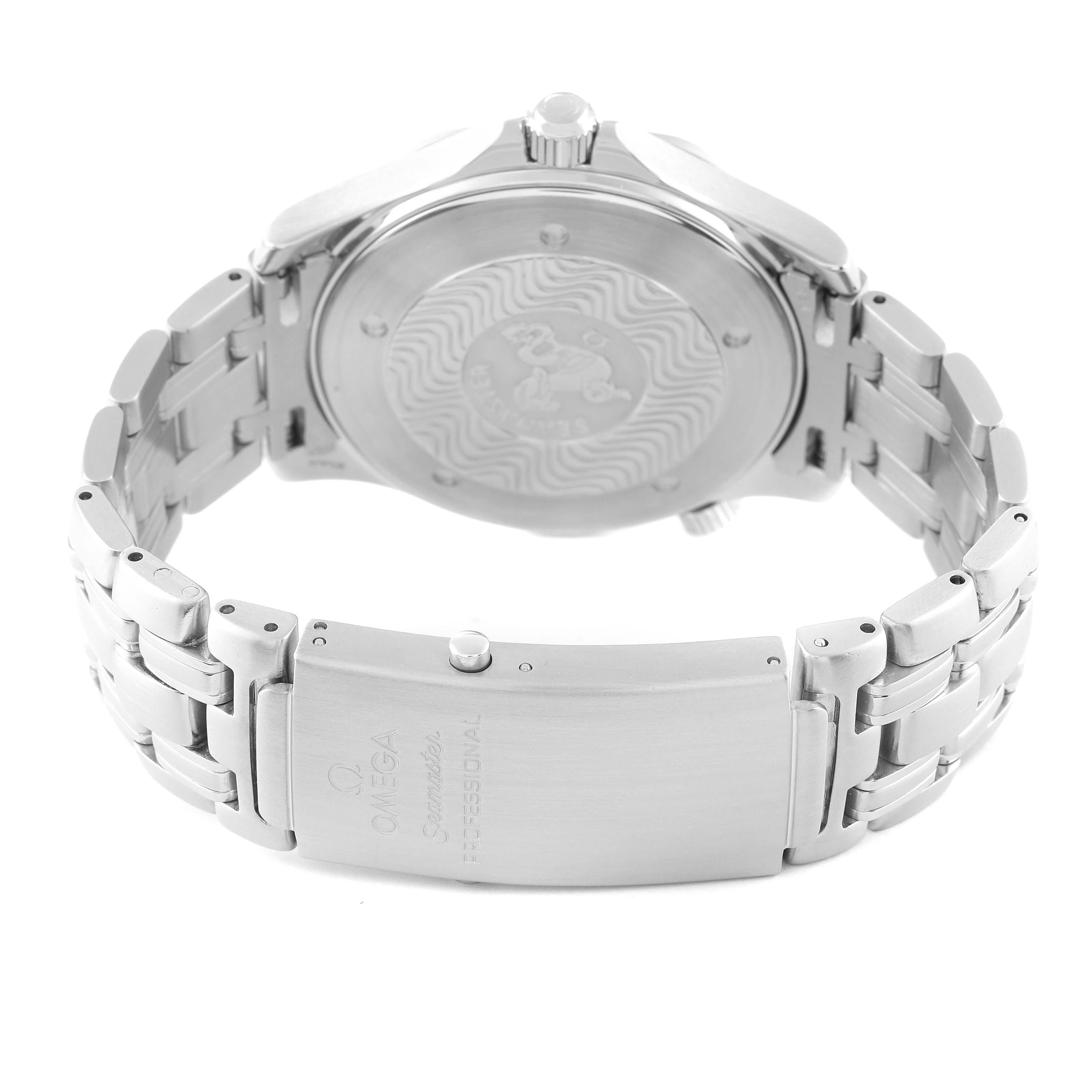 The image shows the backside and clasp of an Omega Seamaster 2541.80.00 Men's Stainless Steel Blue Dial 2541.80.00 Men's Stainless Steel Blue Dial watch, highlighting the bracelet and case back.