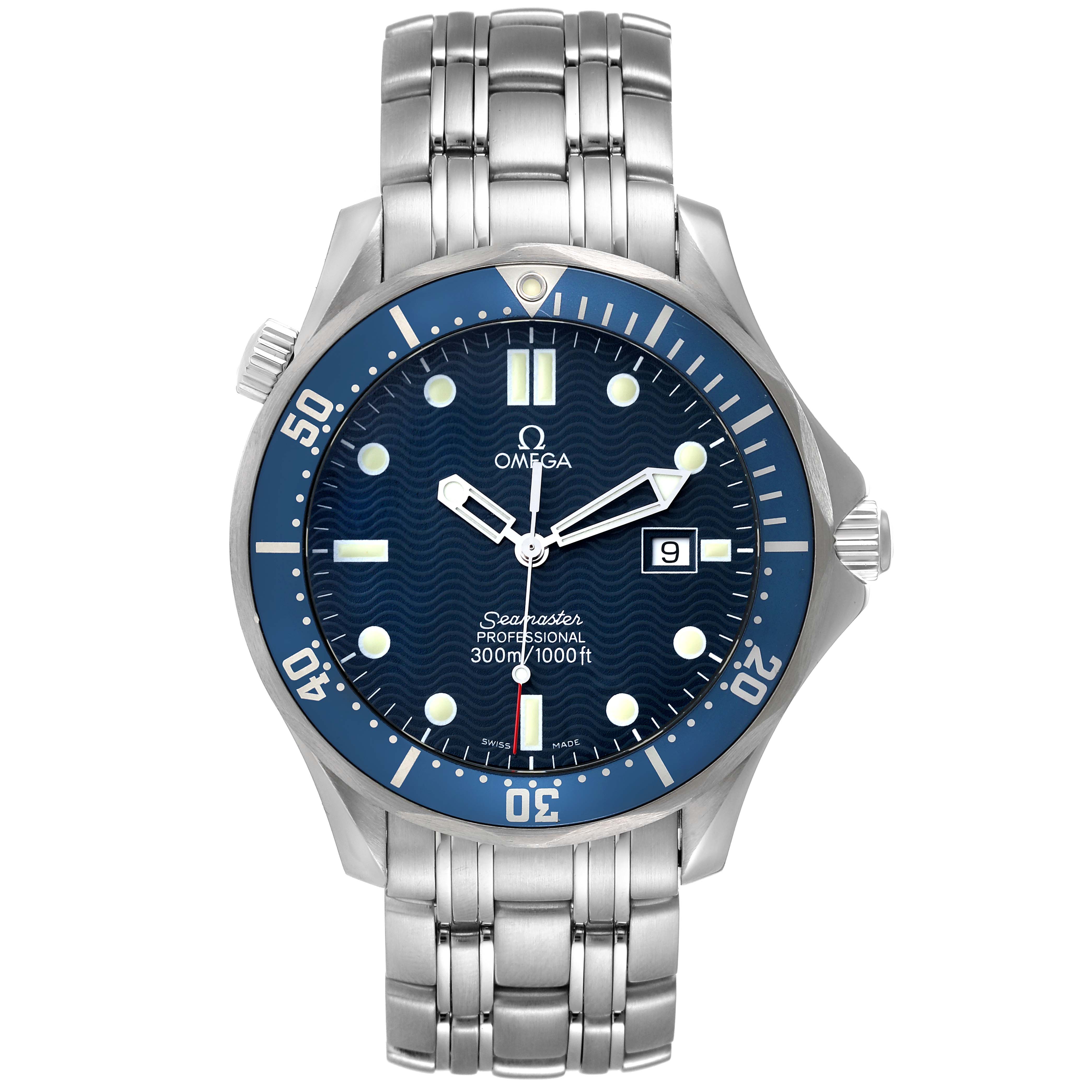 This image shows a front view of the Omega Seamaster 2541.80.00 Men's Stainless Steel Blue Dial 2541.80.00 Men's Stainless Steel Blue Dial Professional watch, highlighting the dial, bezel, bracelet, and date window.