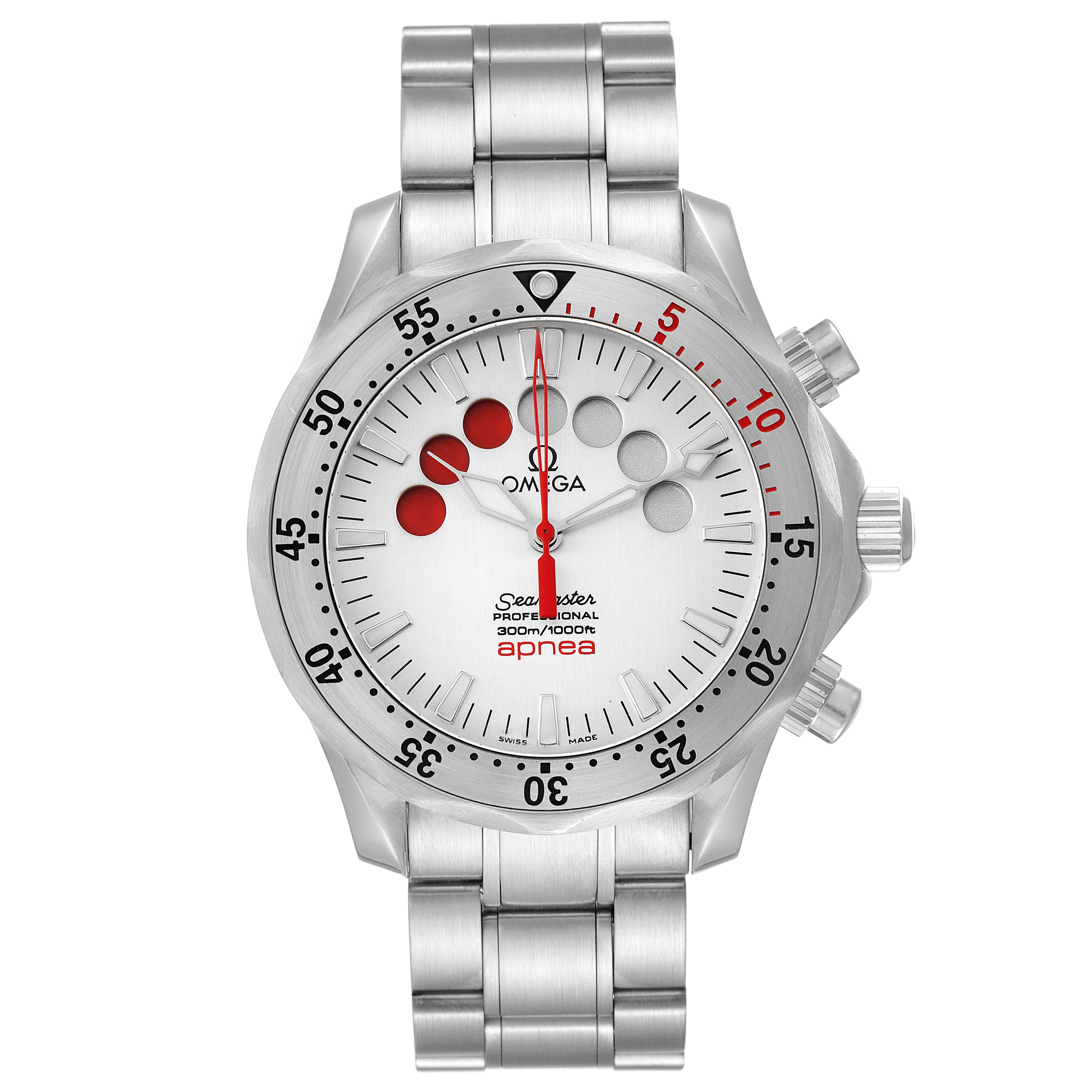 The image shows a front view of an Omega Seamaster 2595.30.00 Men's Stainless Steel Silver Dial 2595.30.00 Men's Stainless Steel Silver Dial watch, displaying the dial, bezel, bracelet, and side buttons.