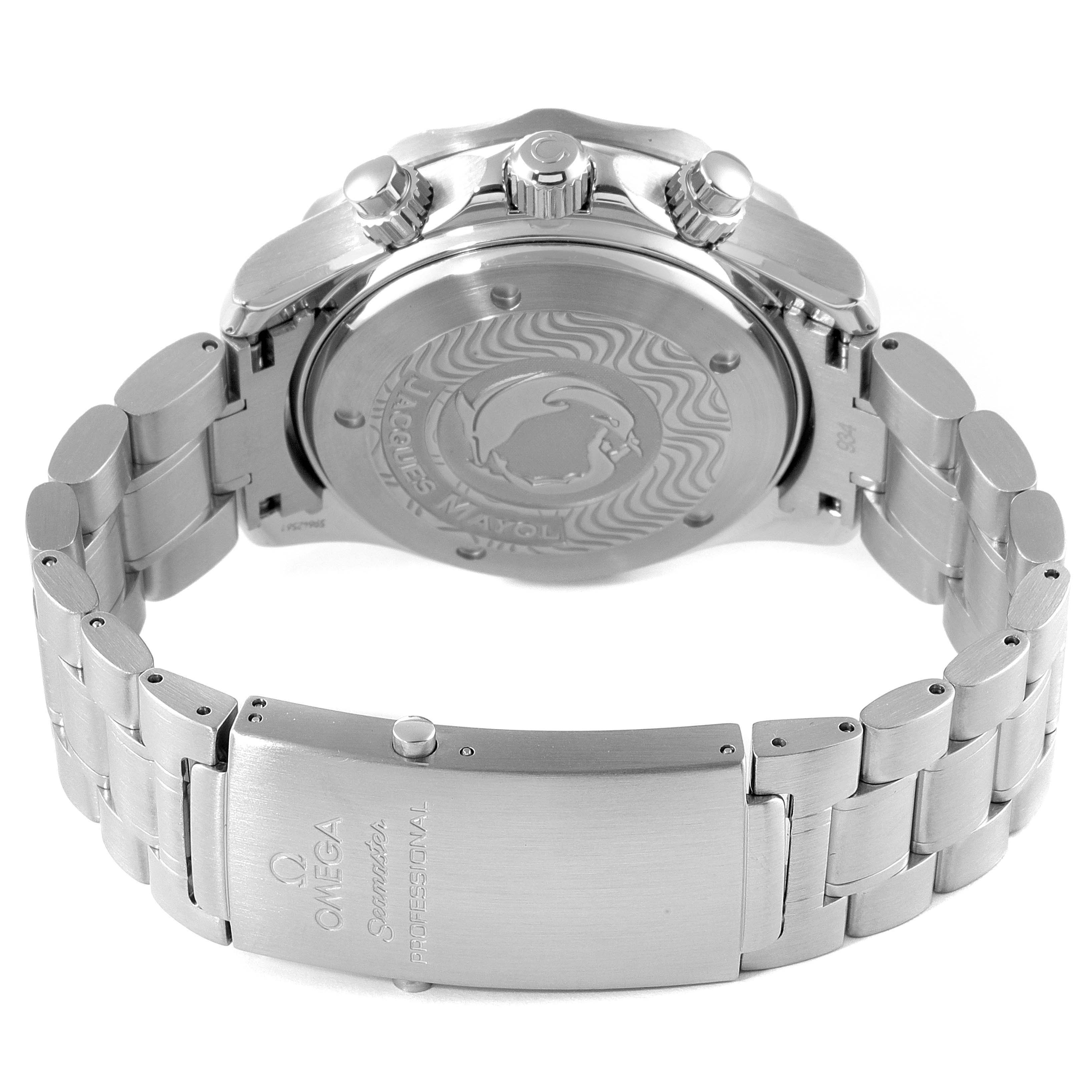 The image shows the back and bracelet of the Omega Seamaster 2595.30.00 Men's Stainless Steel Silver Dial 2595.30.00 Men's Stainless Steel Silver Dial watch, highlighting the case back and clasp.