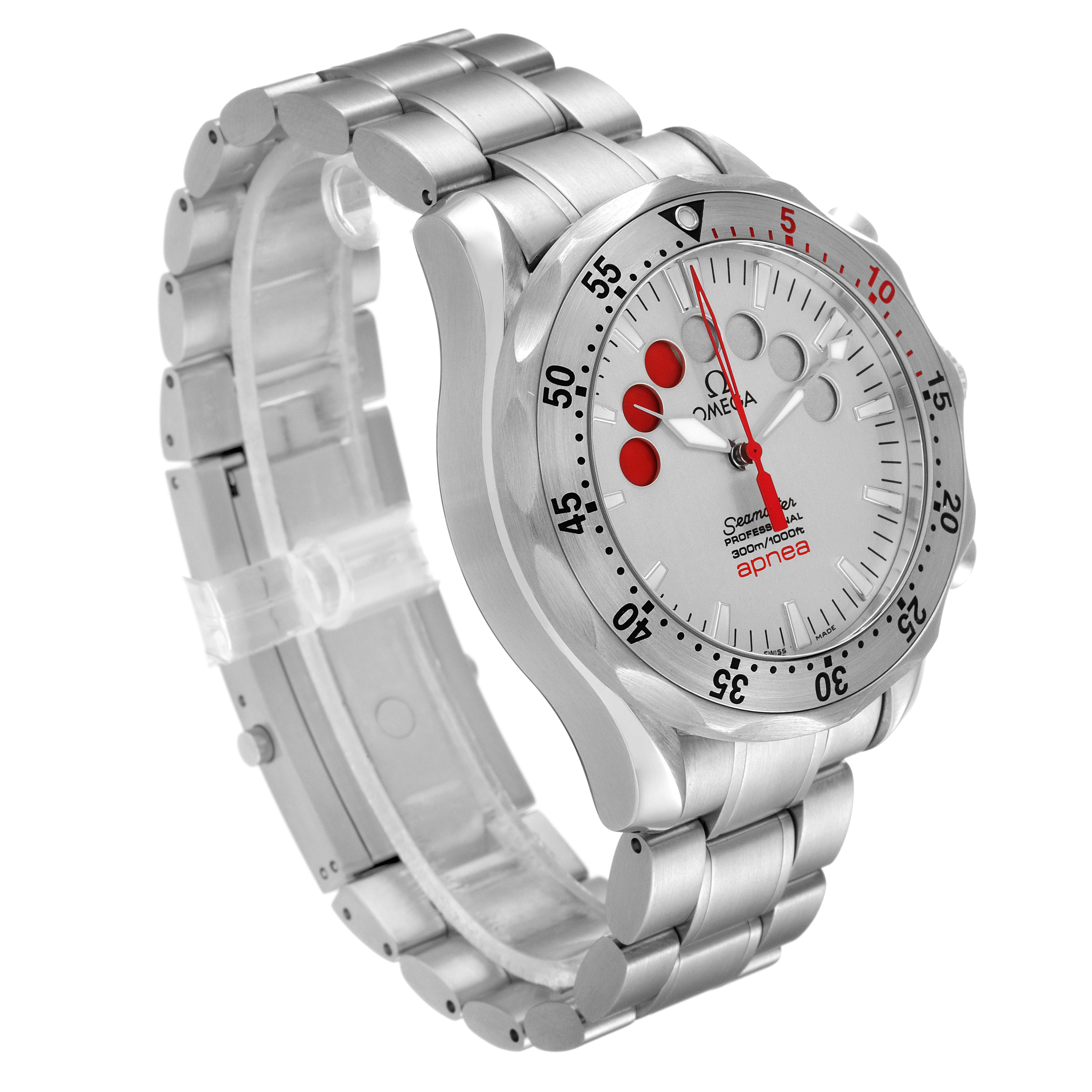 The image shows an Omega Seamaster 2595.30.00 Men's Stainless Steel Silver Dial 2595.30.00 Men's Stainless Steel Silver Dial watch at a slight left-side angle, highlighting the bezel, dial, and stainless steel bracelet.