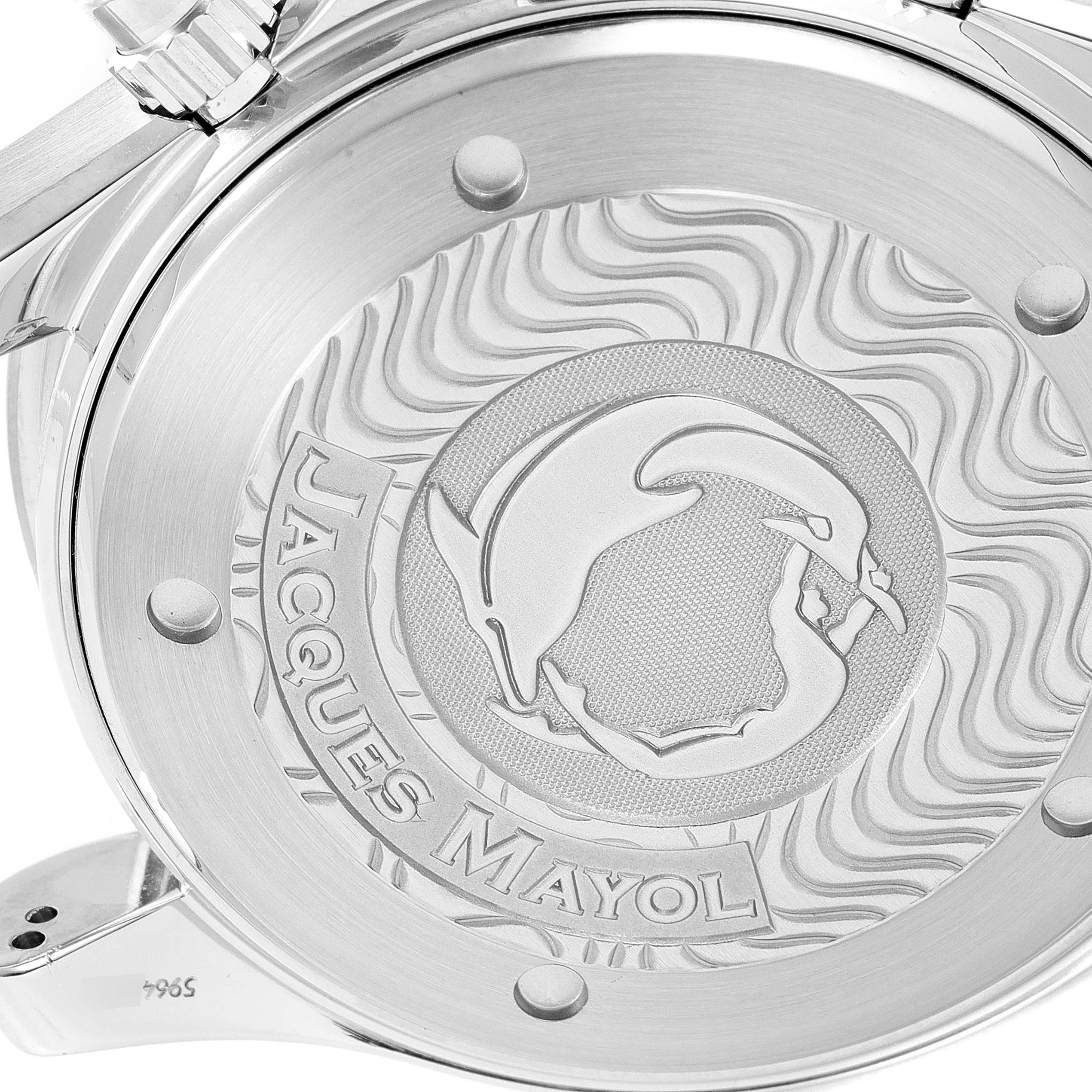 The image shows the engraved case back of an Omega Seamaster 2595.30.00 Men's Stainless Steel Silver Dial 2595.30.00 Men's Stainless Steel Silver Dial watch, featuring a dolphin design and "Jacques Mayol" inscription.