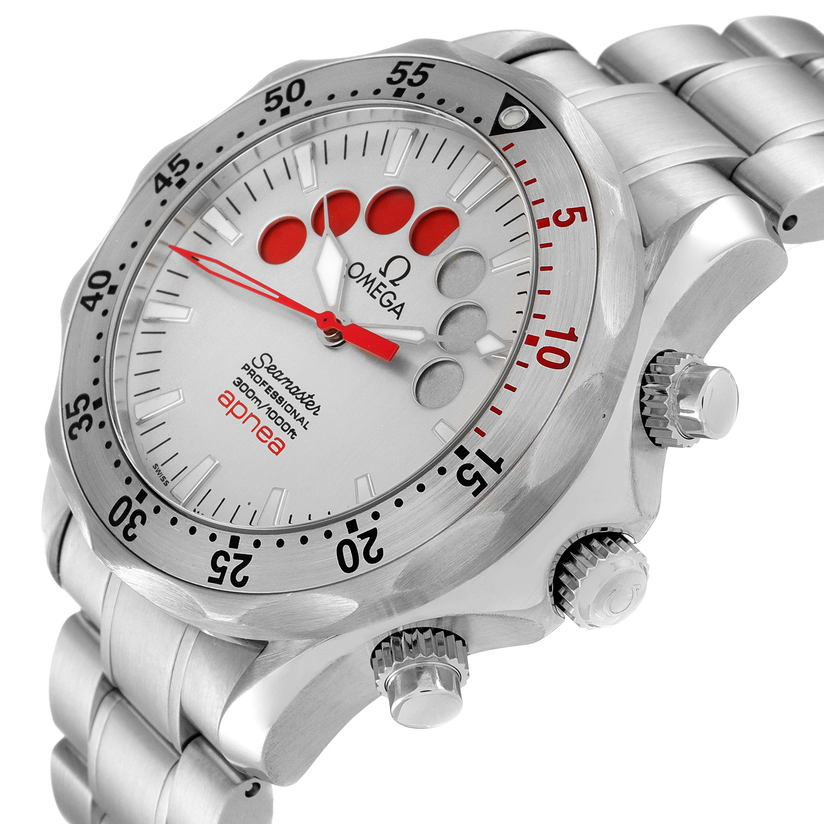 This image shows a close-up angle of the face and side profile of an Omega Seamaster 2595.30.00 Men's Stainless Steel Silver Dial 2595.30.00 Men's Stainless Steel Silver Dial watch, highlighting the bezel, dial, and crown.