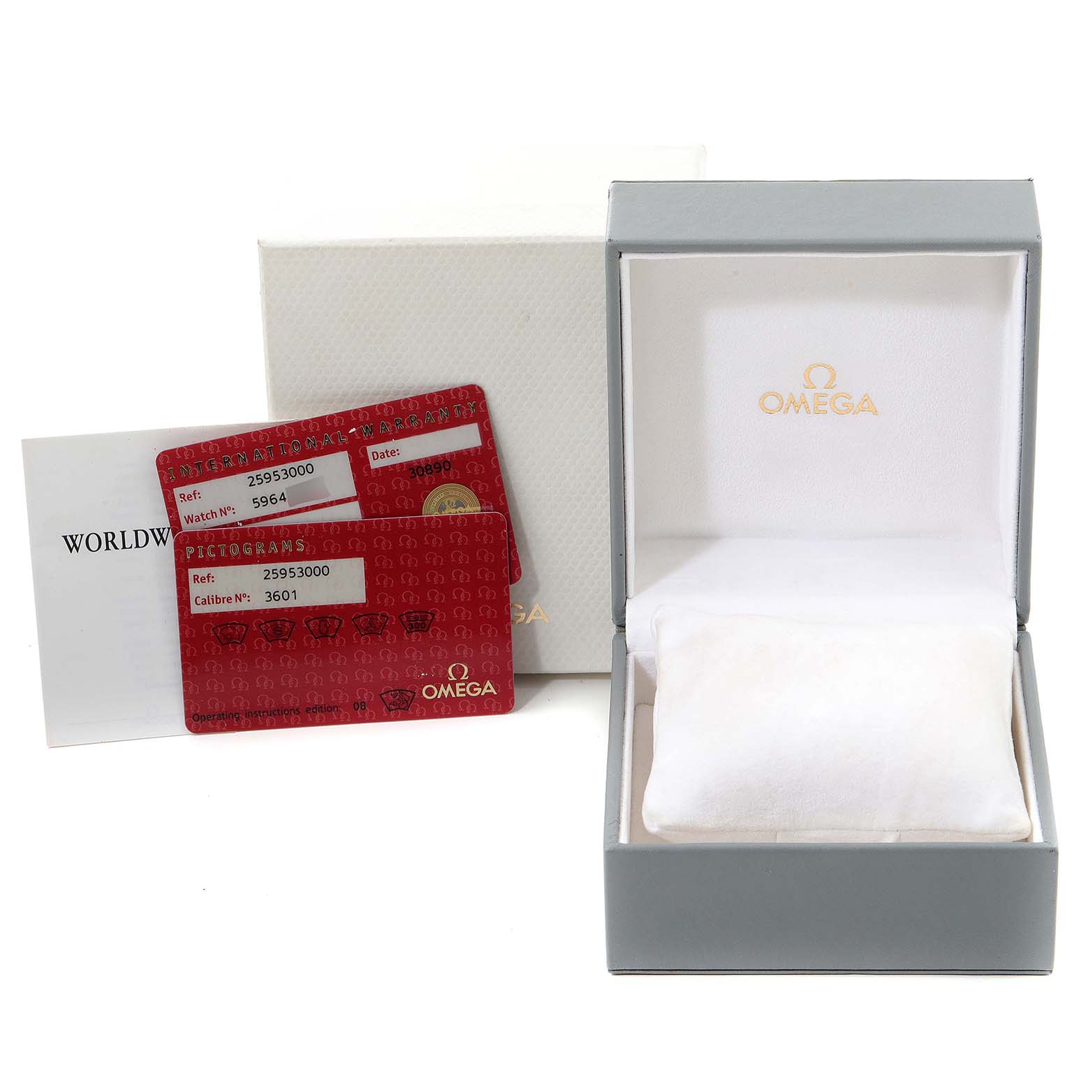 This image shows the Omega Seamaster 2595.30.00 Men's Stainless Steel Silver Dial 2595.30.00 Men's Stainless Steel Silver Dial watch box, guarantee cards, and international warranty card.