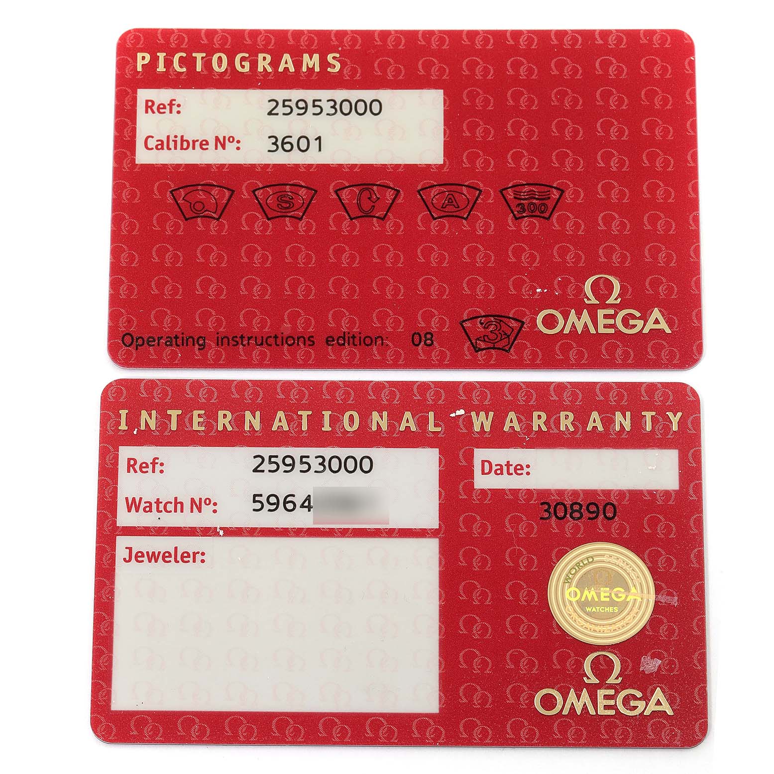 The image shows pictogram and international warranty cards for the Omega Seamaster 2595.30.00 Men's Stainless Steel Silver Dial 2595.30.00 Men's Stainless Steel Silver Dial watch model.