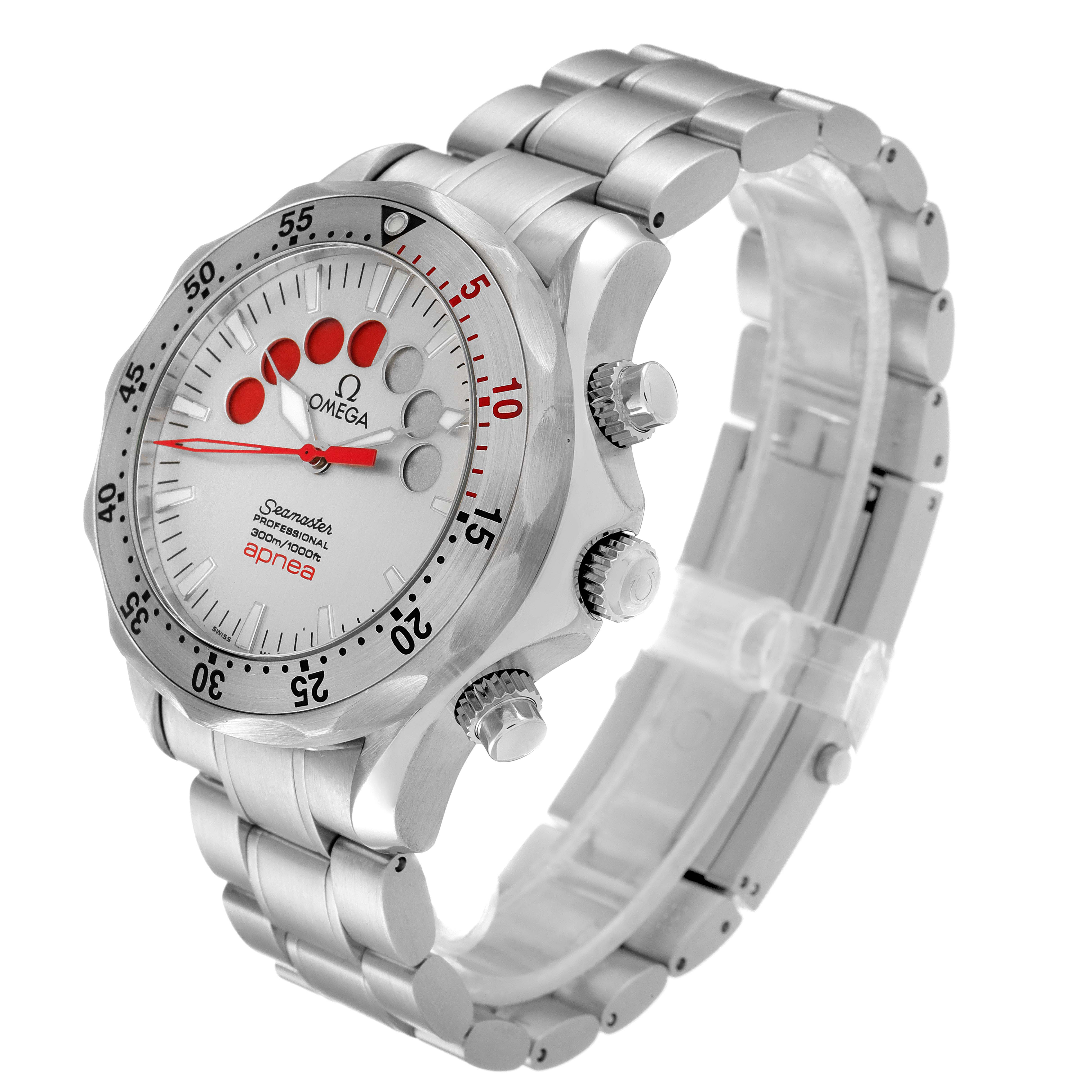 The Omega Seamaster 2595.30.00 Men's Stainless Steel Silver Dial 2595.30.00 Men's Stainless Steel Silver Dial watch is shown at a three-quarter angle, highlighting the dial, bezel, and stainless steel bracelet.