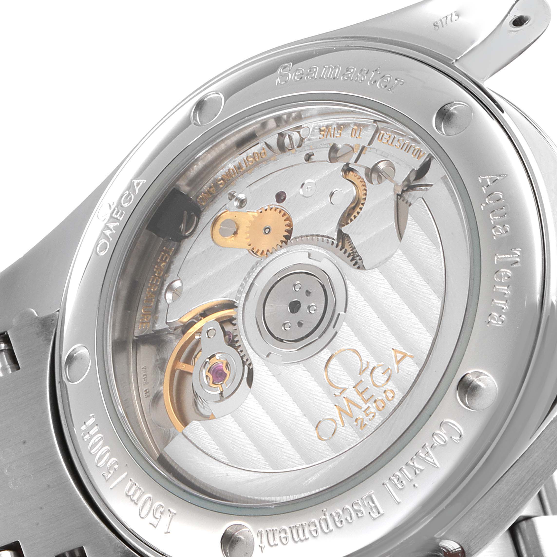 The image shows the back view of the Omega Aqua Terra 2504.30.00 Men
s Stainless Steel Silver Dial 2504.30.00 Men
s Stainless Steel Silver Dial watch, displaying its inner mechanical movement.