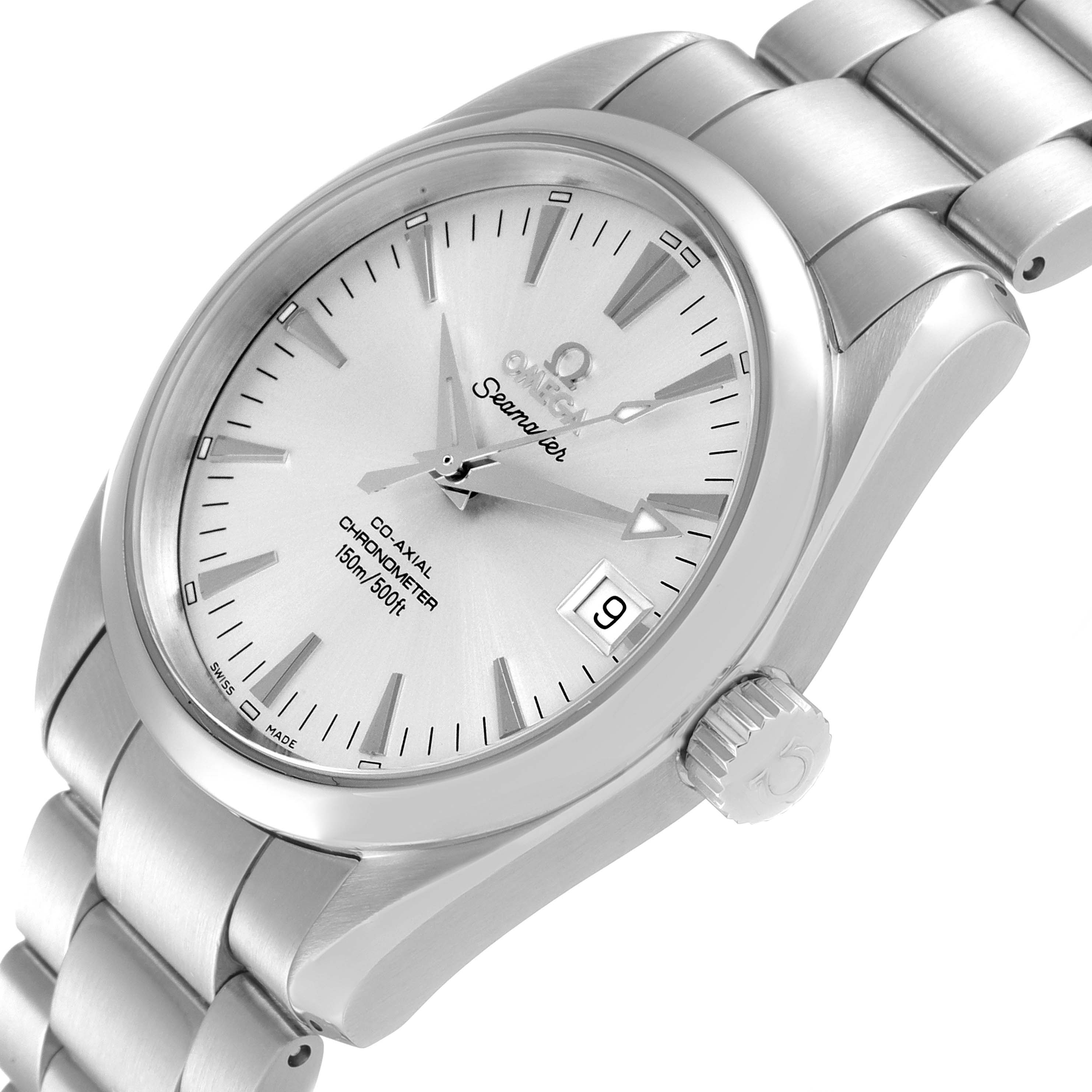 The Omega Aqua Terra 2504.30.00 Men
s Stainless Steel Silver Dial 2504.30.00 Men
s Stainless Steel Silver Dial watch is shown from a slightly angled top view, displaying the face, bracelet, and crown.