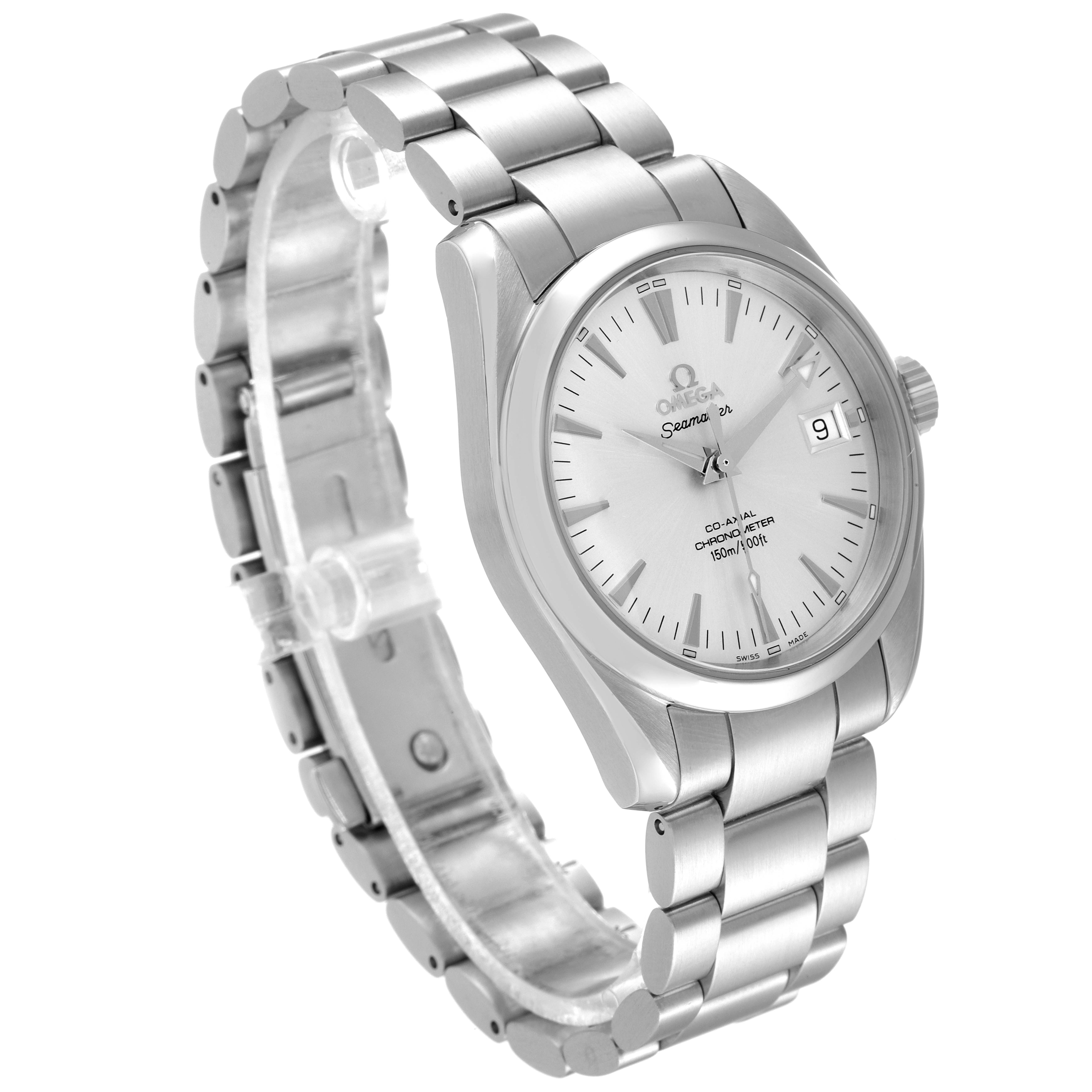 The Omega Aqua Terra 2504.30.00 Men
s Stainless Steel Silver Dial 2504.30.00 Men
s Stainless Steel Silver Dial watch is shown at a three-quarter angle, displaying its face, bracelet, and crown.