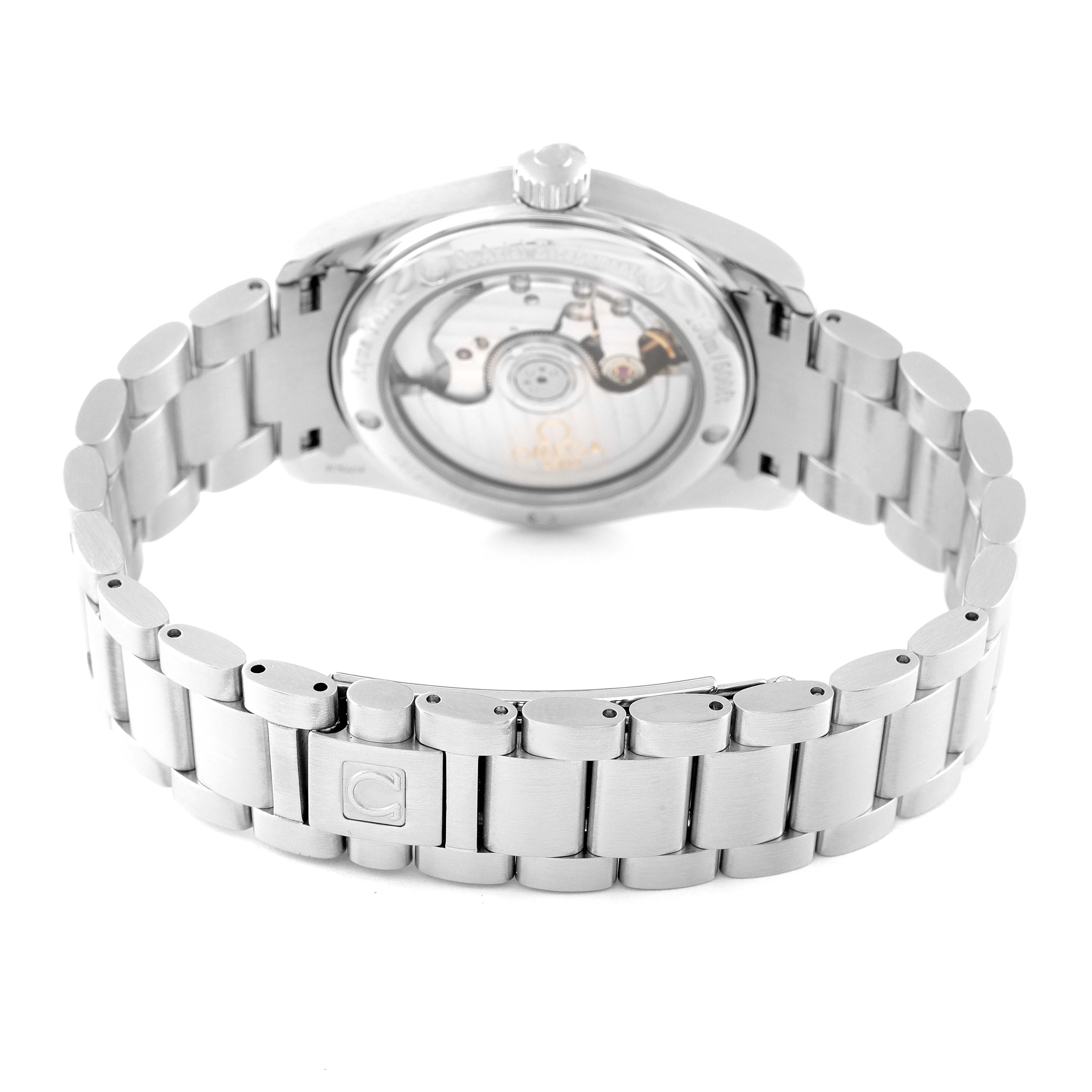 This image shows the back view of the Omega Aqua Terra 2504.30.00 Men
s Stainless Steel Silver Dial 2504.30.00 Men
s Stainless Steel Silver Dial watch, highlighting its metal bracelet and transparent case back.