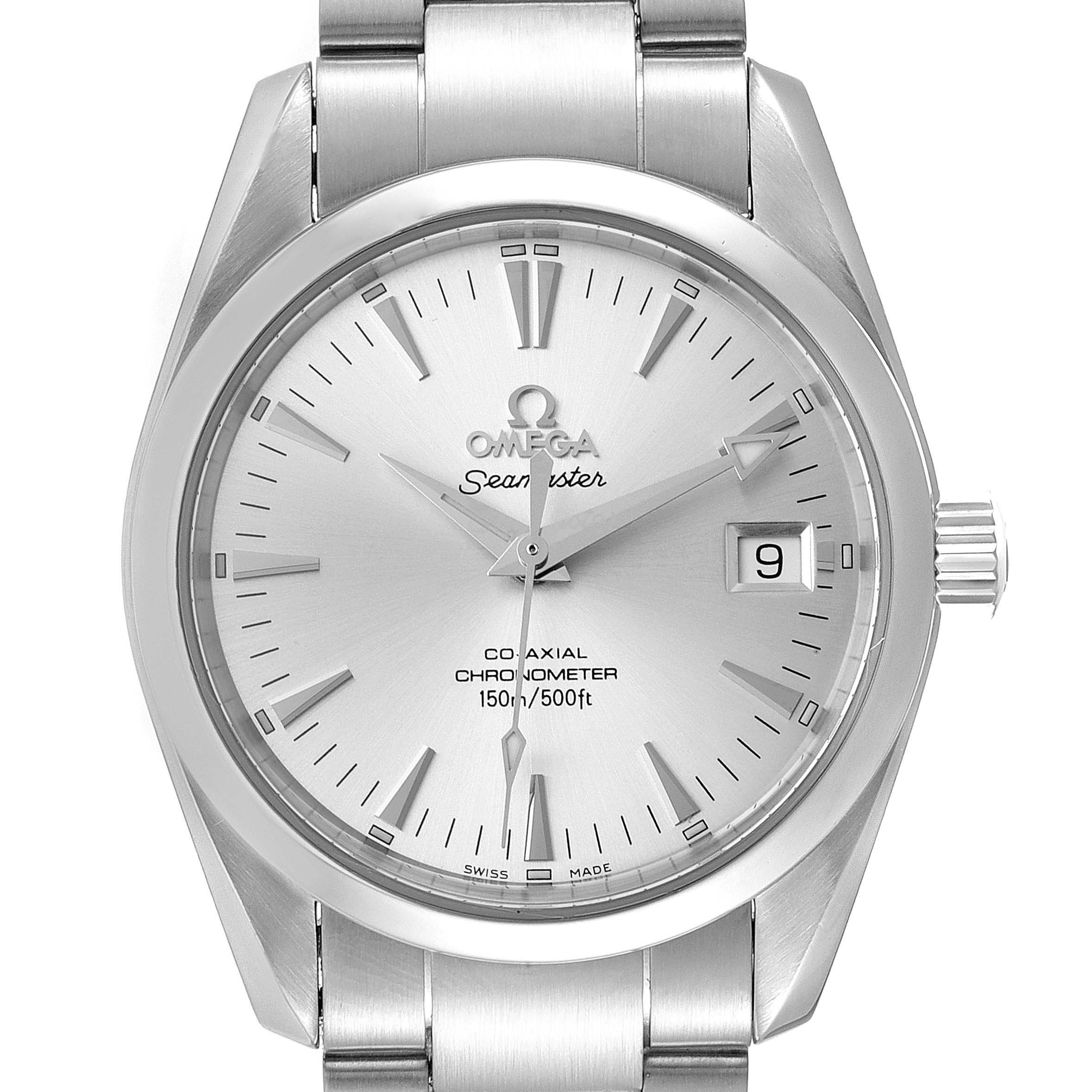 The Omega Aqua Terra 2504.30.00 Men
s Stainless Steel Silver Dial 2504.30.00 Men
s Stainless Steel Silver Dial watch is shown from the front, highlighting the dial, bezel, hands, date window, and part of the bracelet.