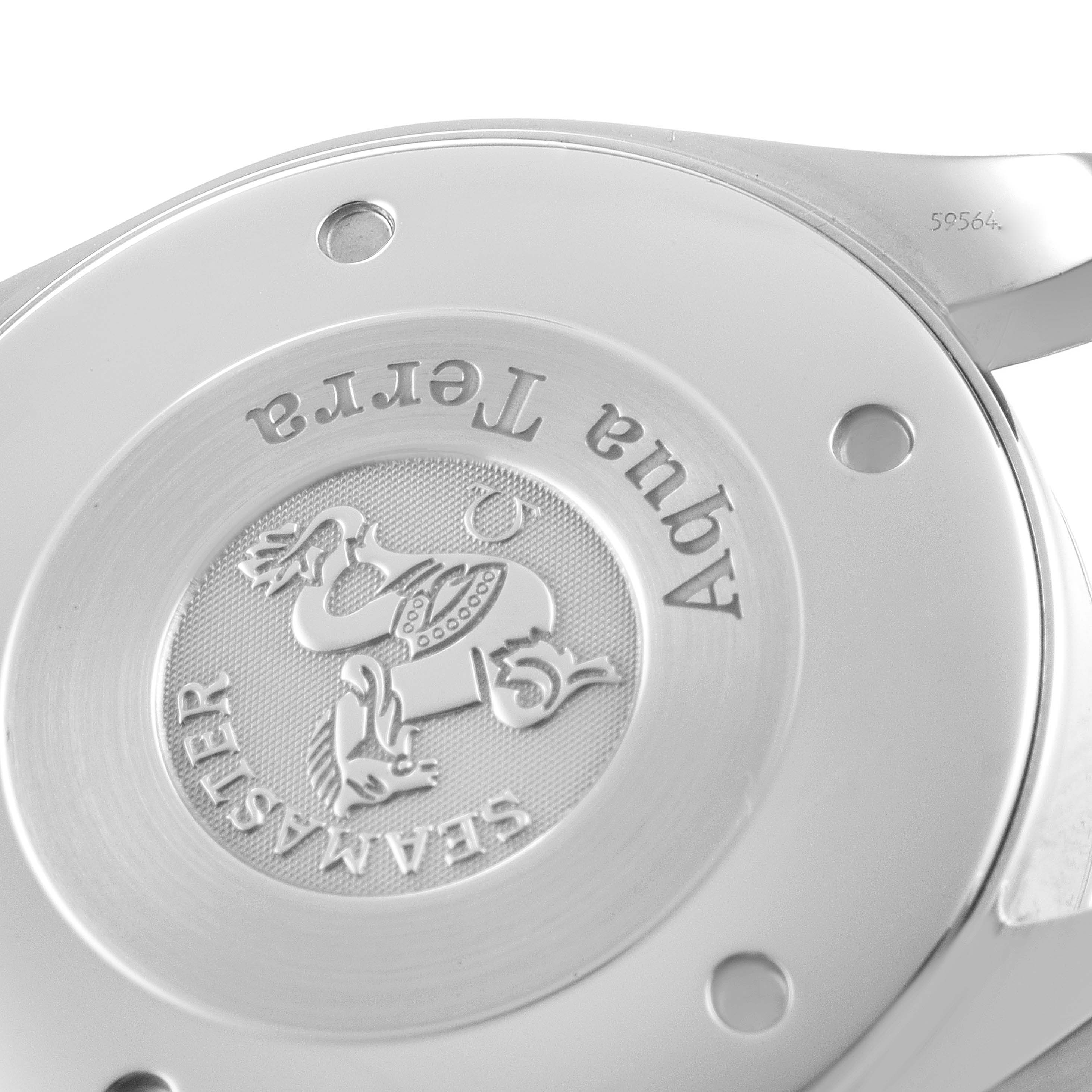 This image shows the case back of the Omega Aqua Terra 2517.50.00 Men's Stainless Steel Black Dial 2517.50.00 Men's Stainless Steel Black Dial watch, highlighting the engraved emblem and model name.