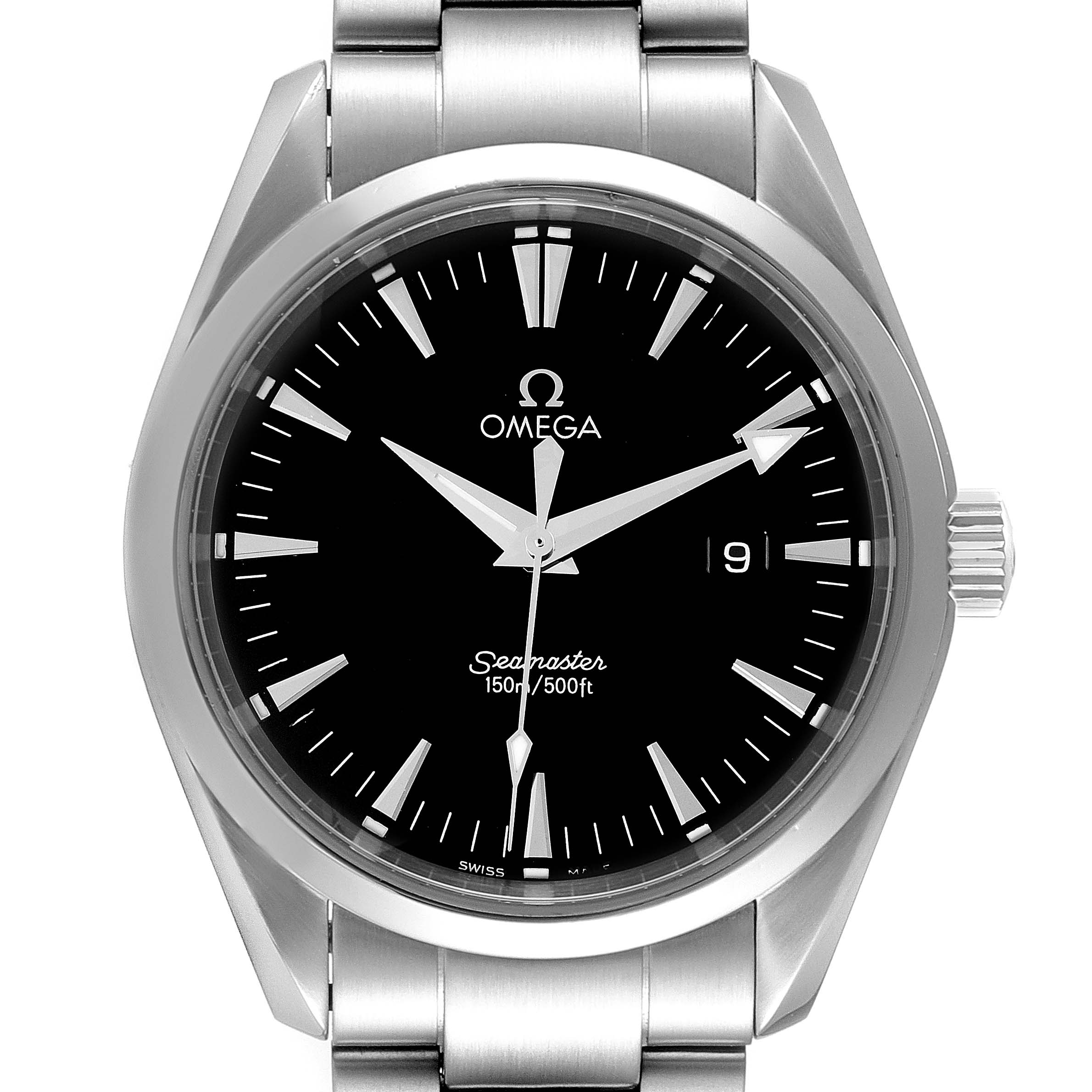 The image shows a front view of an Omega Aqua Terra 2517.50.00 Men's Stainless Steel Black Dial 2517.50.00 Men's Stainless Steel Black Dial Seamaster watch, highlighting its dial, case, crown, and part of the bracelet.