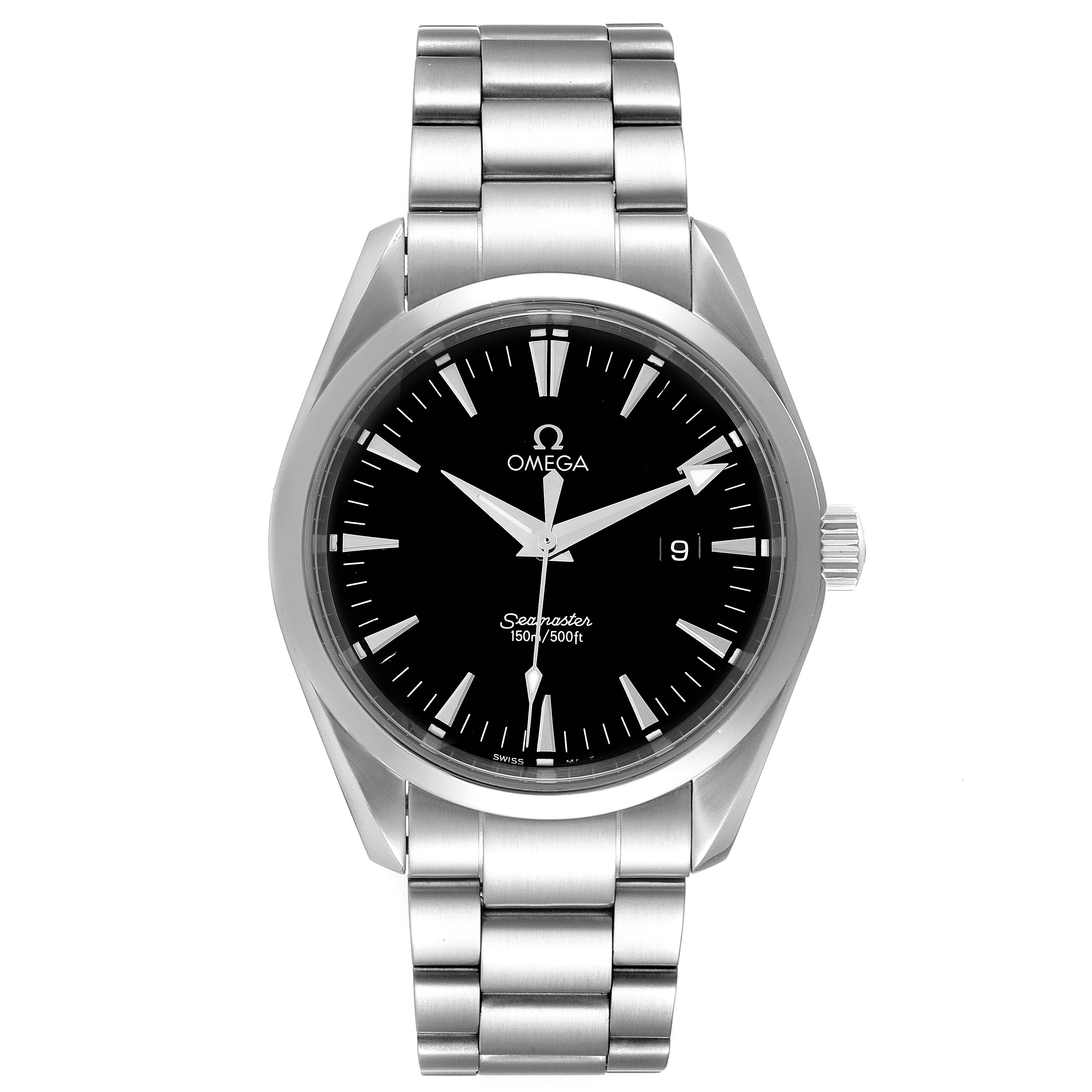 The image shows a front view of the Omega Aqua Terra 2517.50.00 Men's Stainless Steel Black Dial 2517.50.00 Men's Stainless Steel Black Dial watch, featuring its stainless steel bracelet and black dial.