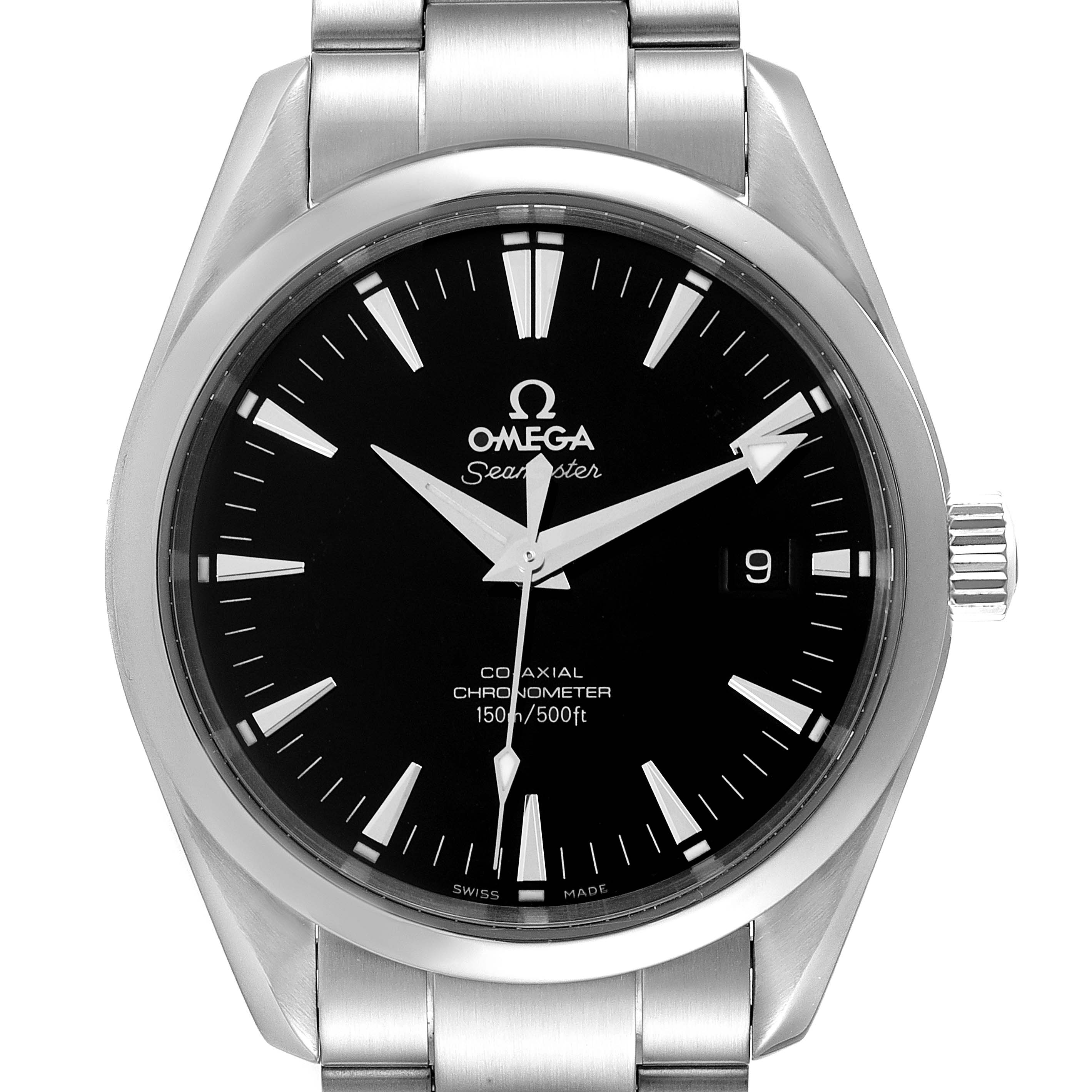 This image shows a front view of the Omega Aqua Terra 2503.50.00 Men's Stainless Steel Black Dial 2503.50.00 Men's Stainless Steel Black Dial watch, highlighting its dial, hands, and metal bracelet.