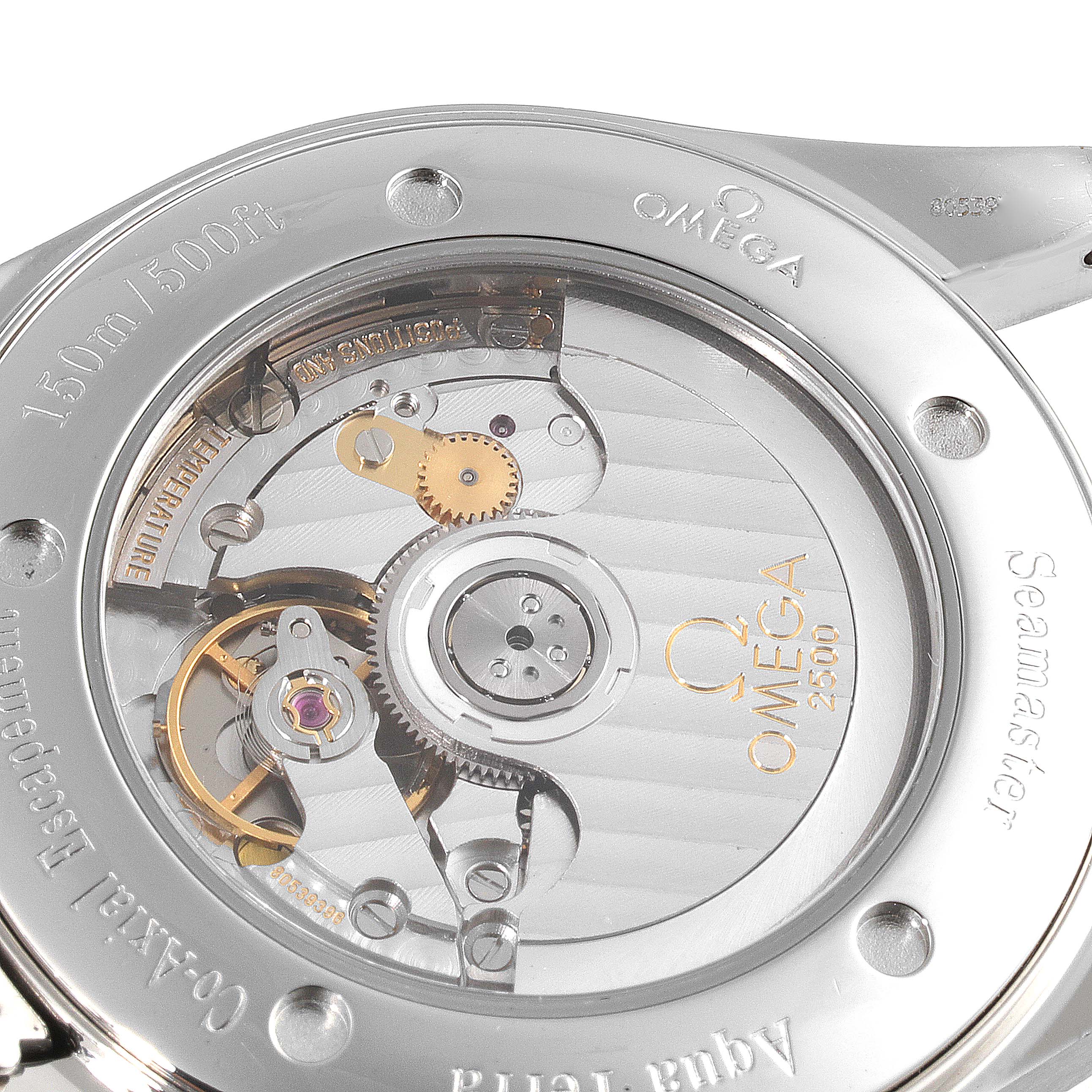 The image shows the back view of the Omega Aqua Terra 2503.50.00 Men's Stainless Steel Black Dial 2503.50.00 Men's Stainless Steel Black Dial watch, showcasing its mechanical movement and inner components.