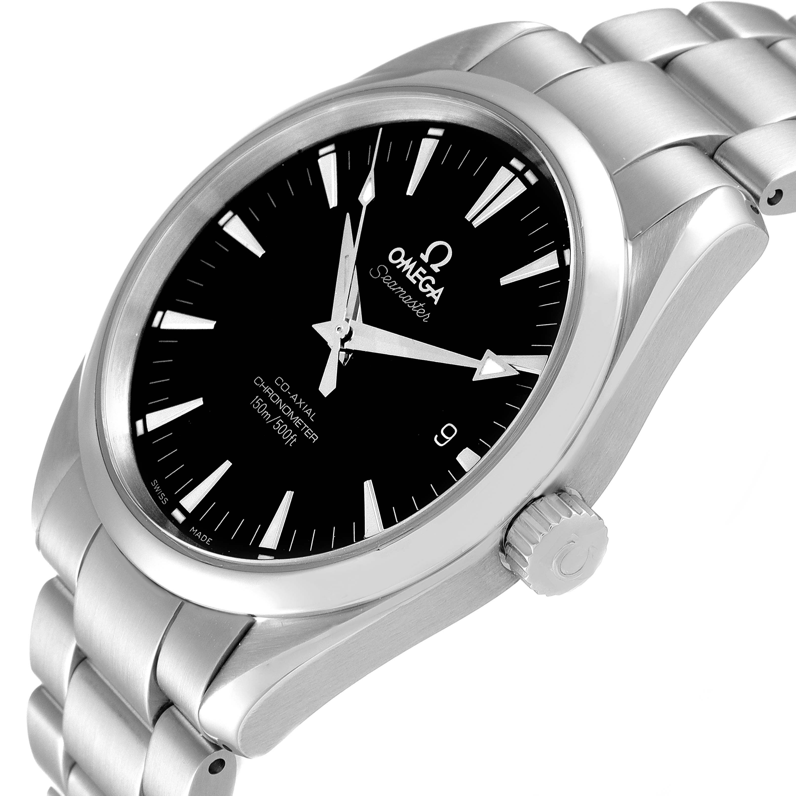 The image shows the Omega Aqua Terra 2503.50.00 Men's Stainless Steel Black Dial 2503.50.00 Men's Stainless Steel Black Dial watch at a slight angle from the front, highlighting the bezel, face, and part of the bracelet.