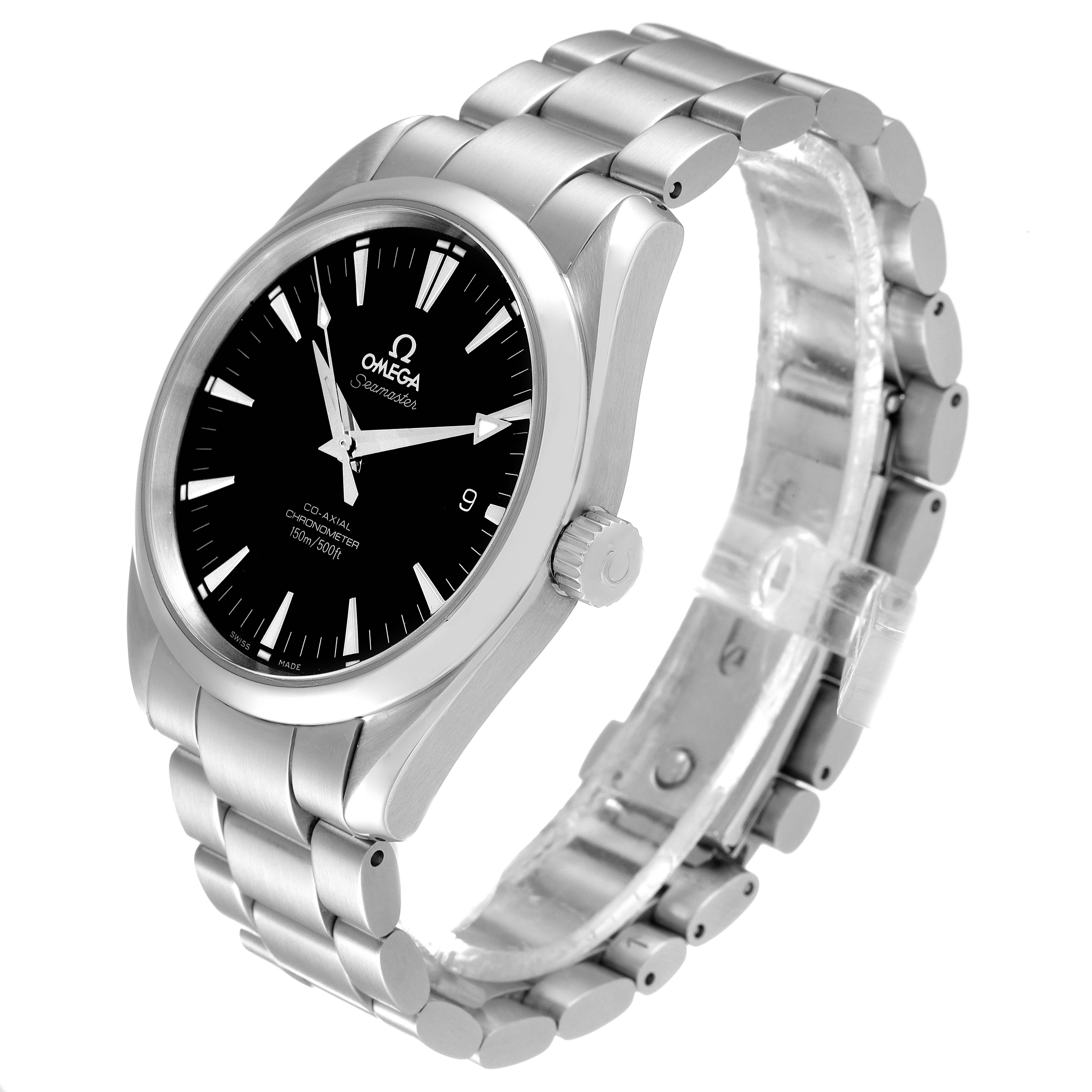 This image shows the Omega Aqua Terra 2503.50.00 Men's Stainless Steel Black Dial 2503.50.00 Men's Stainless Steel Black Dial watch at an angled side view, highlighting its black dial, metal case, and bracelet.