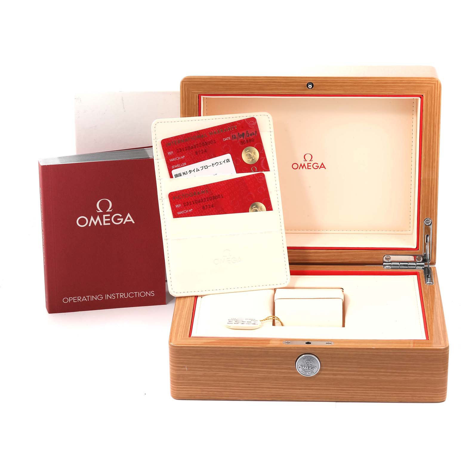 The image shows a wooden Omega Aqua Terra 231.10.43.22.03.001 Men
s Stainless Steel Blue Dial 231.10.43.22.03.001 Men
s Stainless Steel Blue Dial watch box, operating instructions manual, and warranty cards.