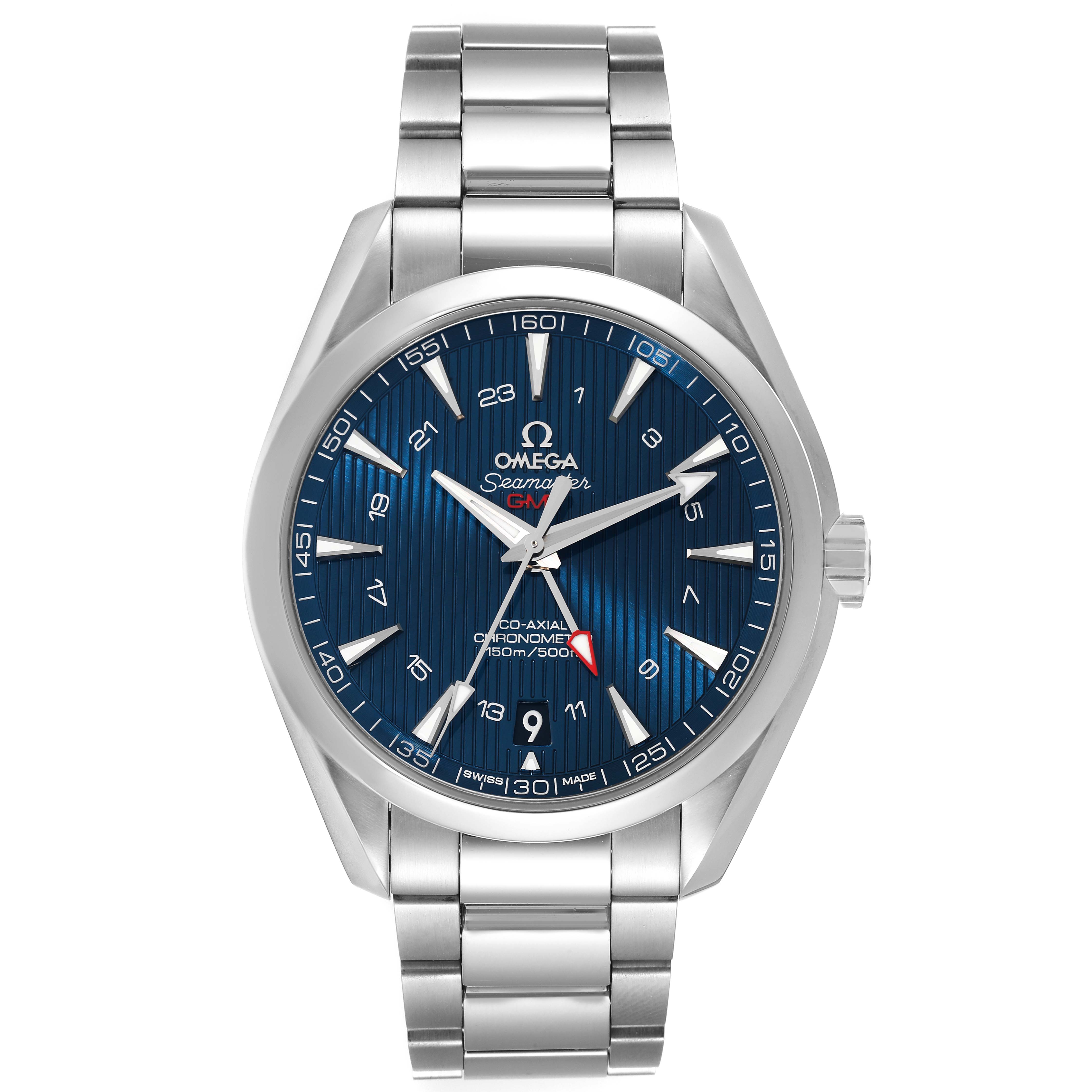 The Omega Aqua Terra 231.10.43.22.03.001 Men
s Stainless Steel Blue Dial 231.10.43.22.03.001 Men
s Stainless Steel Blue Dial model watch is shown from the front, highlighting its blue dial, hands, hour markers, and stainless steel bracelet.