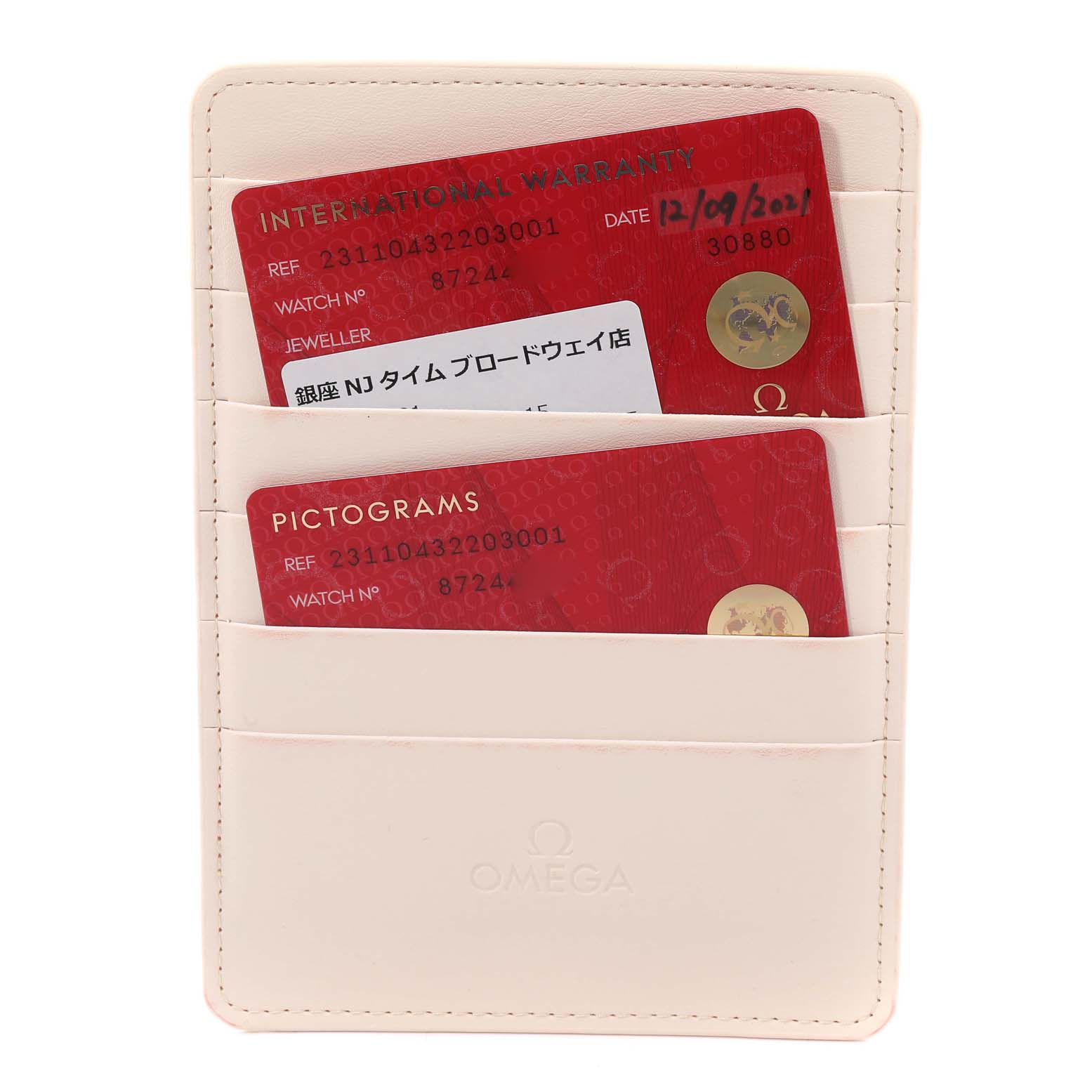 The image shows the international warranty and pictogram cards for the Omega Aqua Terra 231.10.43.22.03.001 Men
s Stainless Steel Blue Dial 231.10.43.22.03.001 Men
s Stainless Steel Blue Dial model in a beige cardholder.