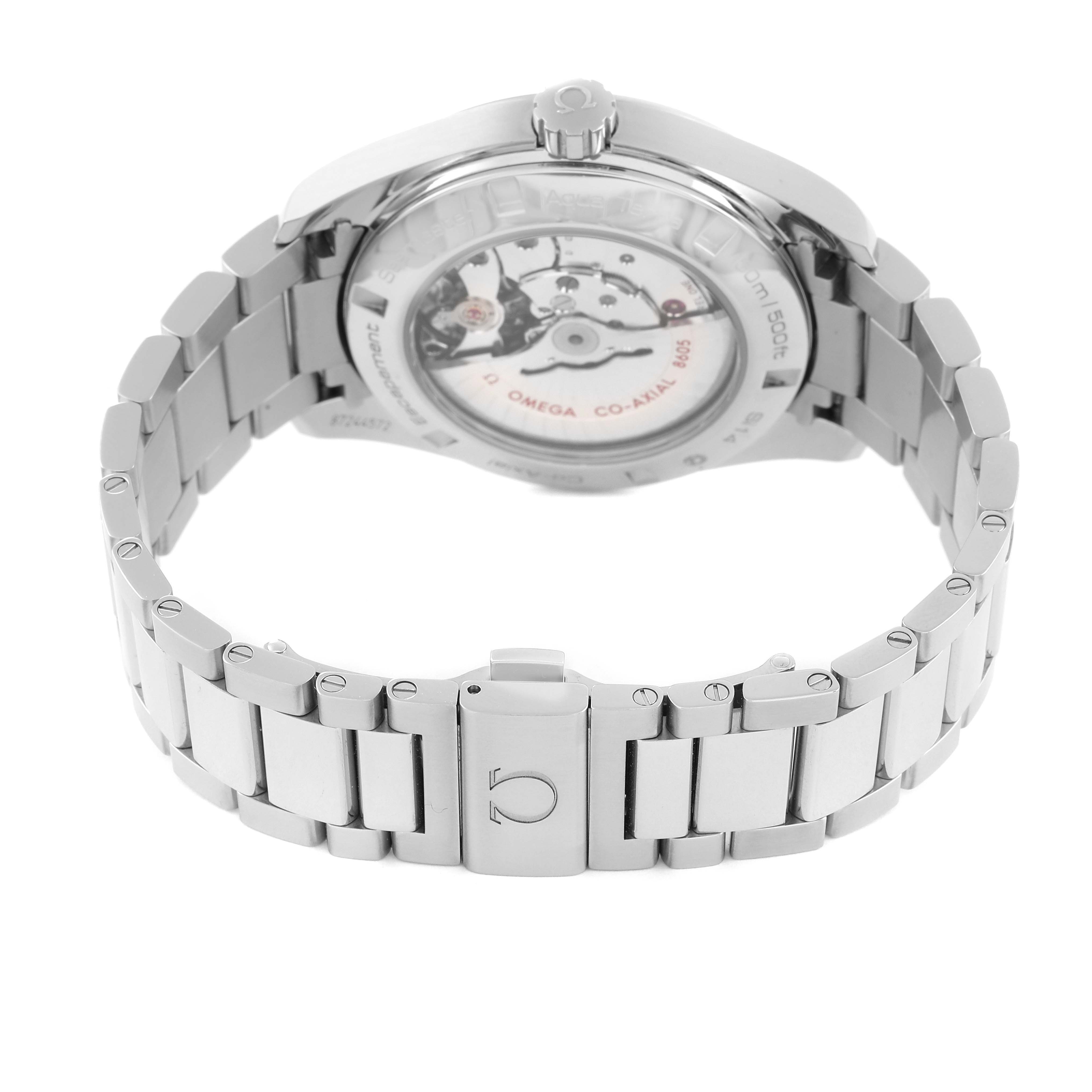 The image shows the Omega Aqua Terra 231.10.43.22.03.001 Men
s Stainless Steel Blue Dial 231.10.43.22.03.001 Men
s Stainless Steel Blue Dial watch
s stainless steel bracelet and the back case with visible movement.